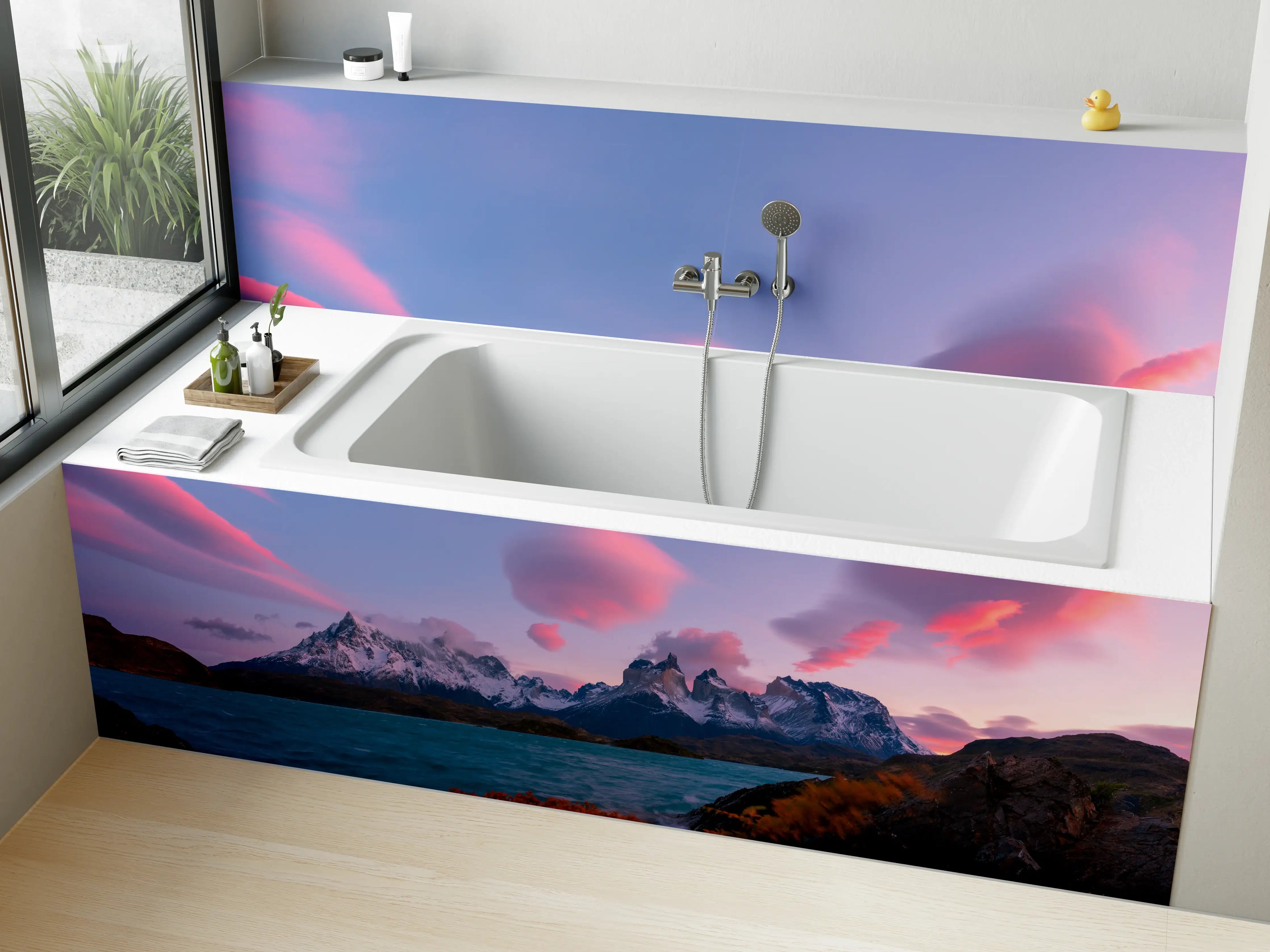 Badewannen-Rückwand - Bergpanorama im rosa Sonnenuntergang