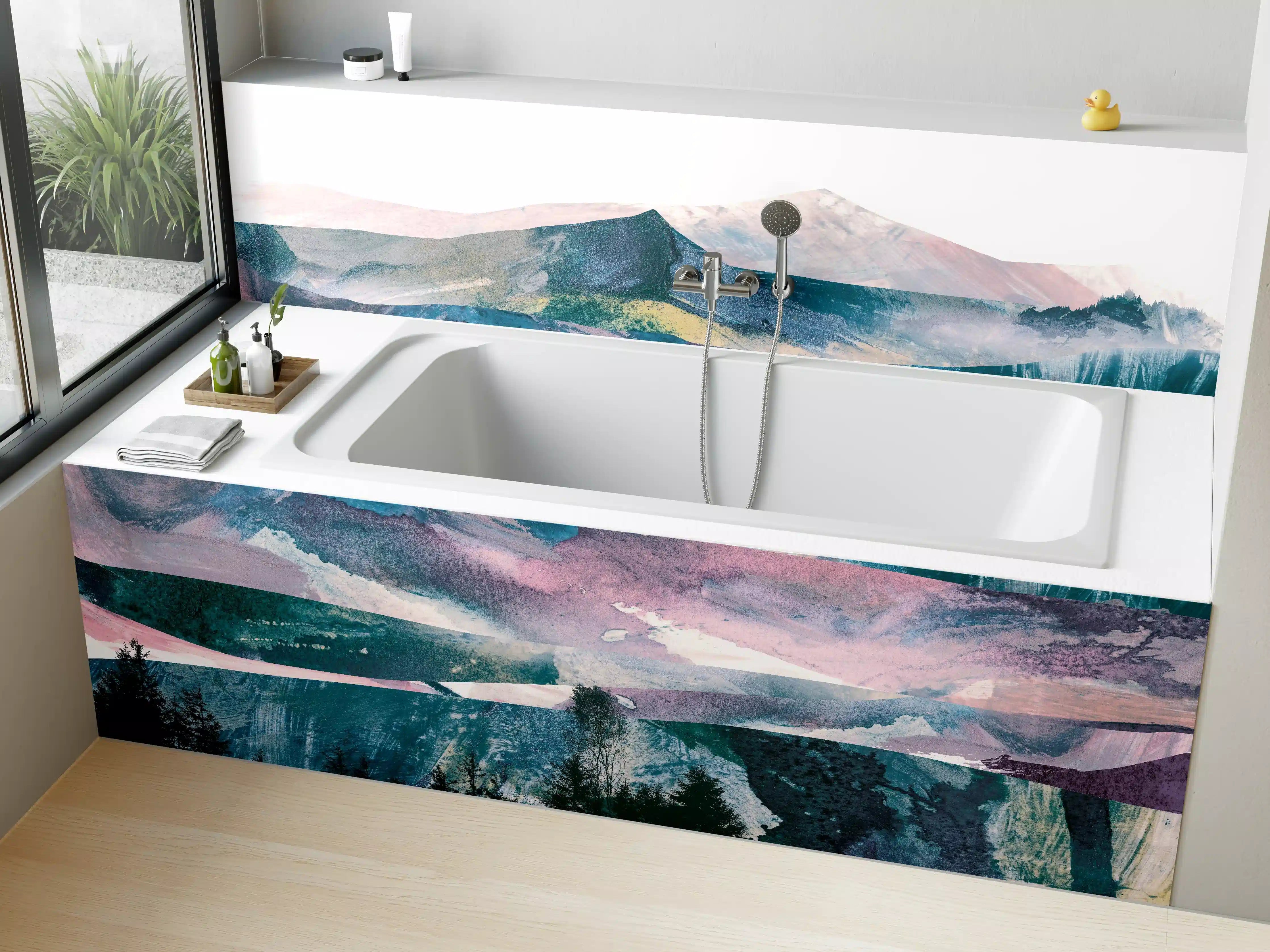 Badewannen-Rückwand - Bergpanorama in Farbabstraktion