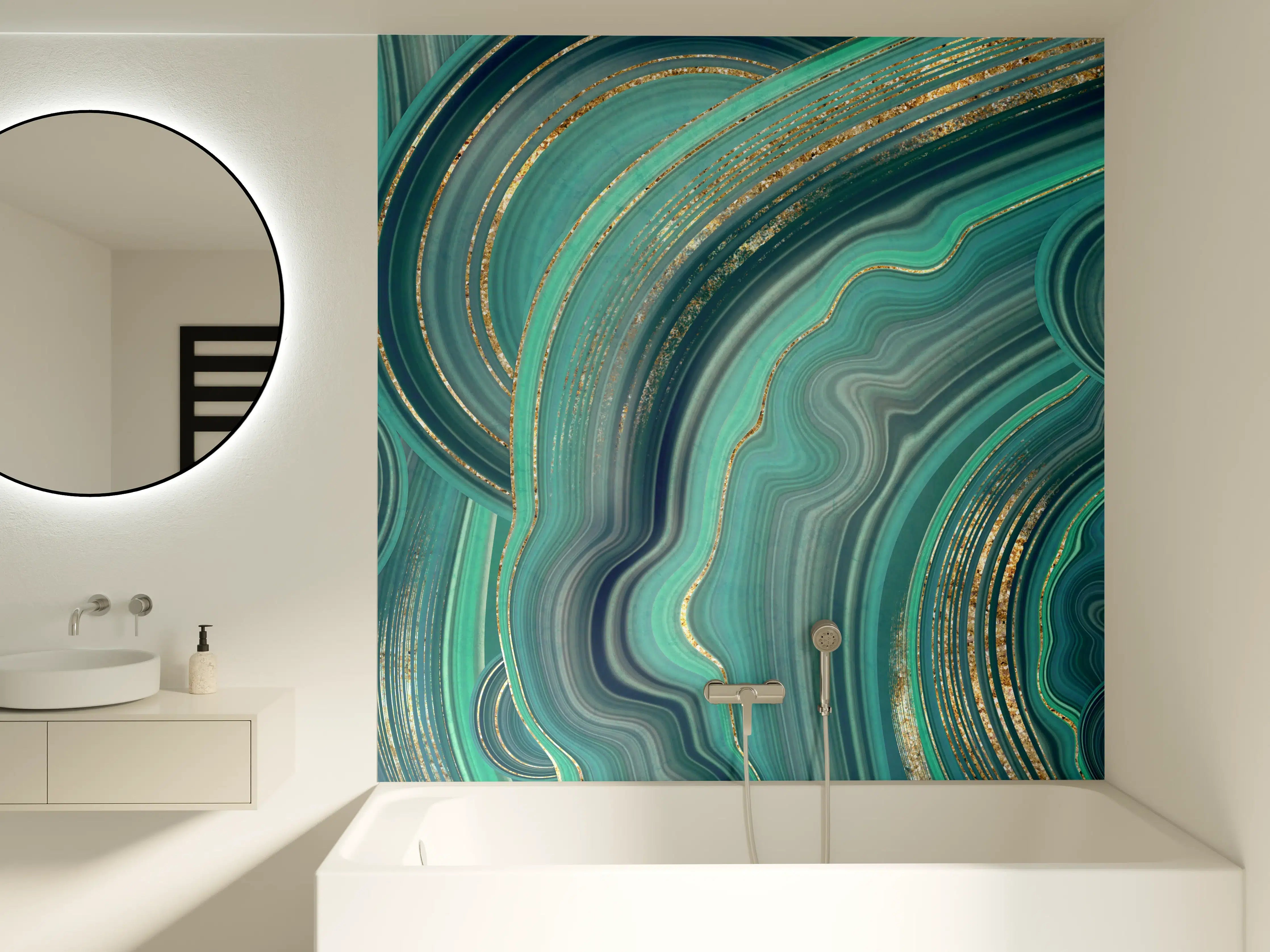 Badewannen-Rückwand - Bezaubernde türkisfarbene Marmor-Textur mit goldenen Akzenten