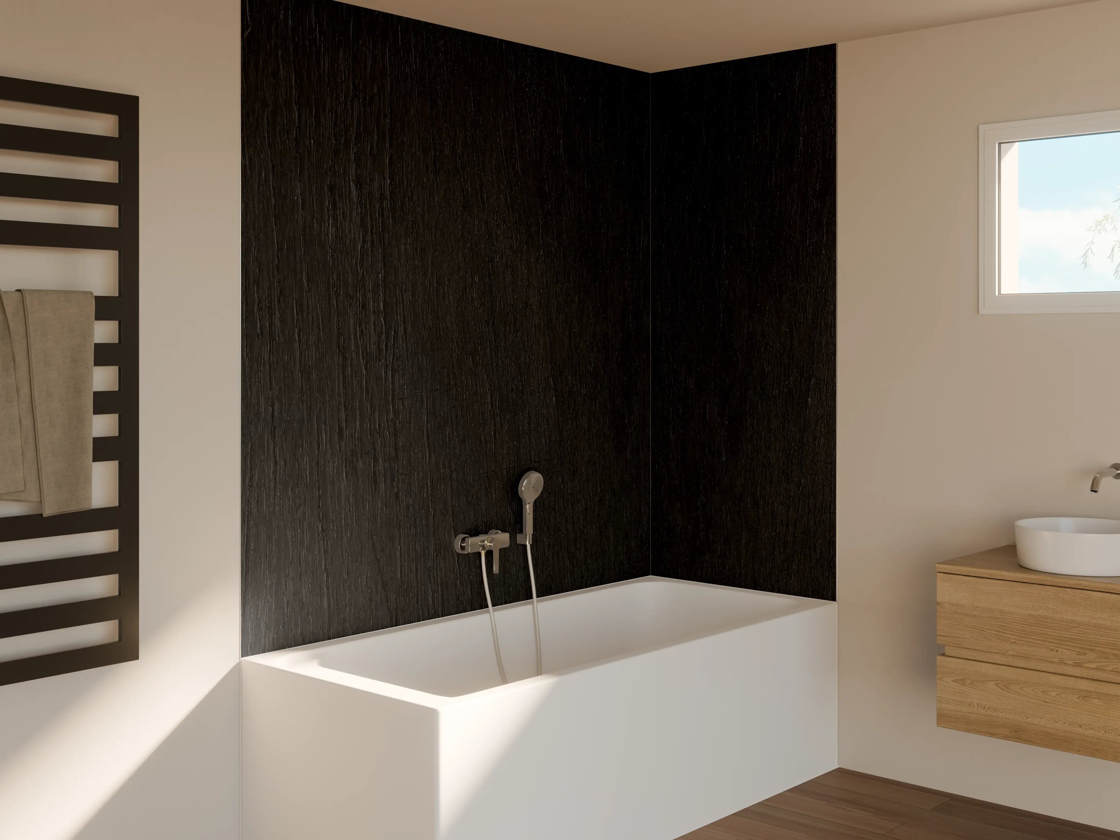 Badewannen-Rückwand - Black Vintage Holztischplatte