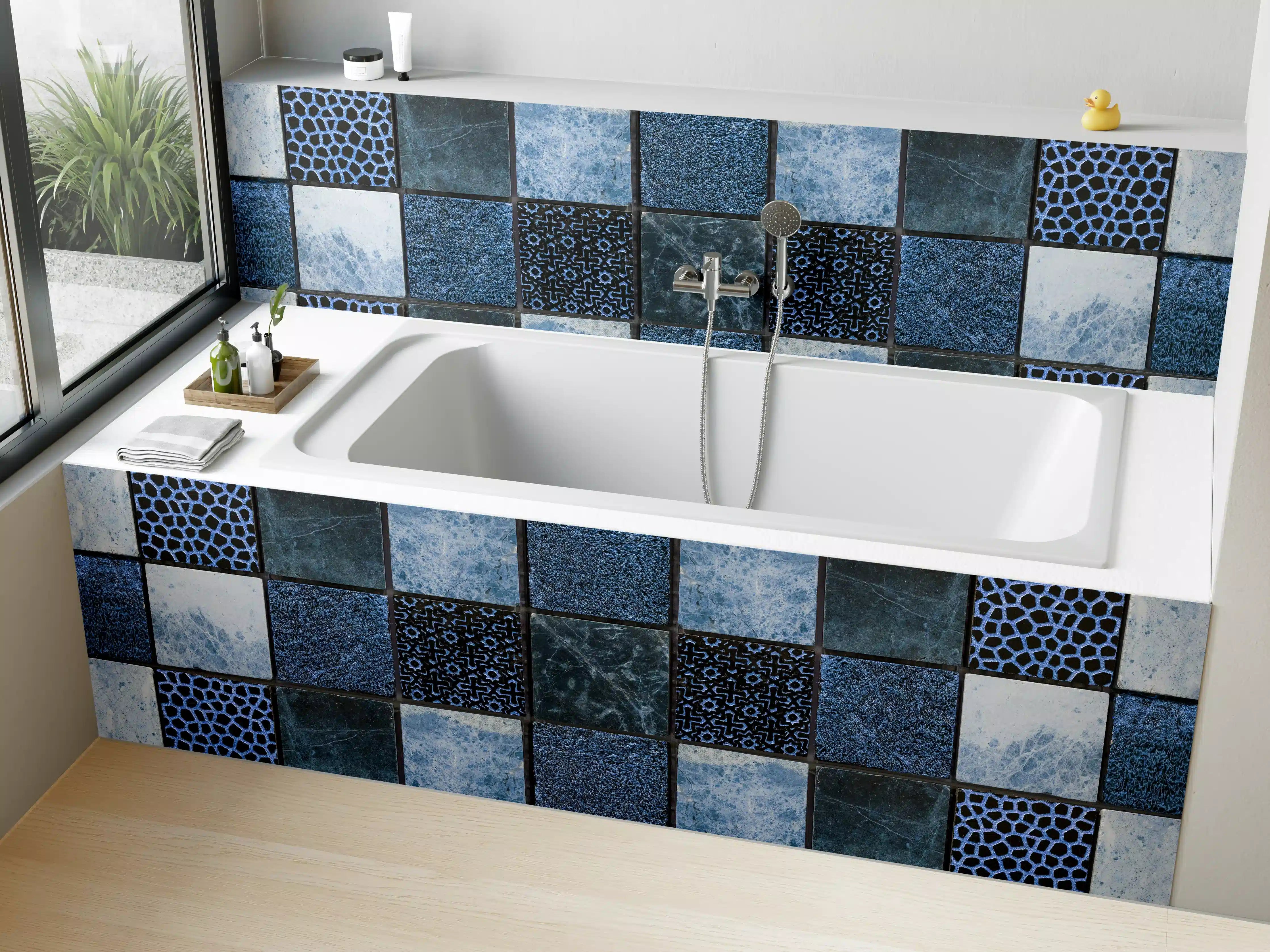 Badewannen-Rückwand - Bläuliche quadratische Mosaiktextur