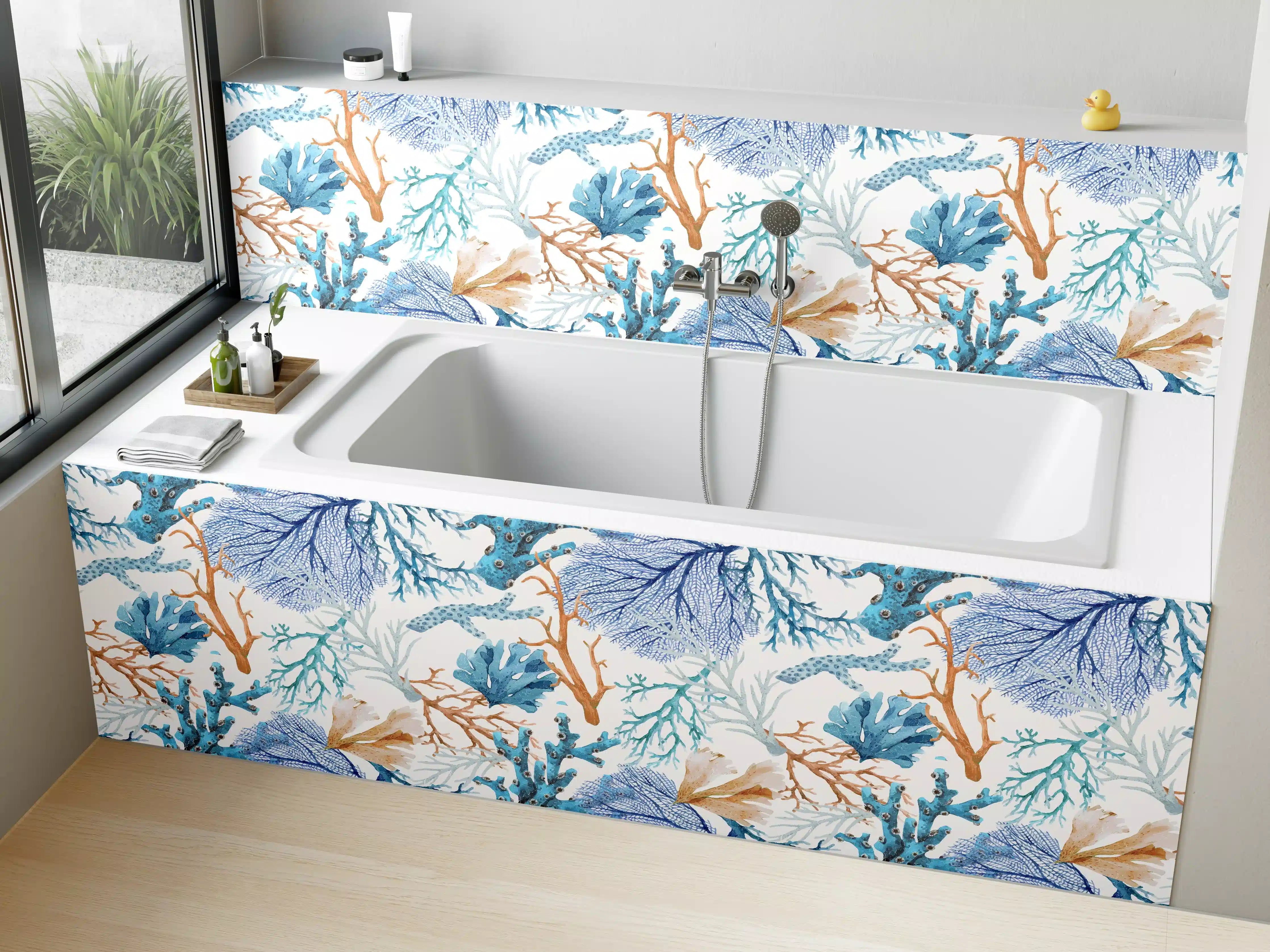 Badewannen-Rückwand - Blau-Beige Korallenmuster