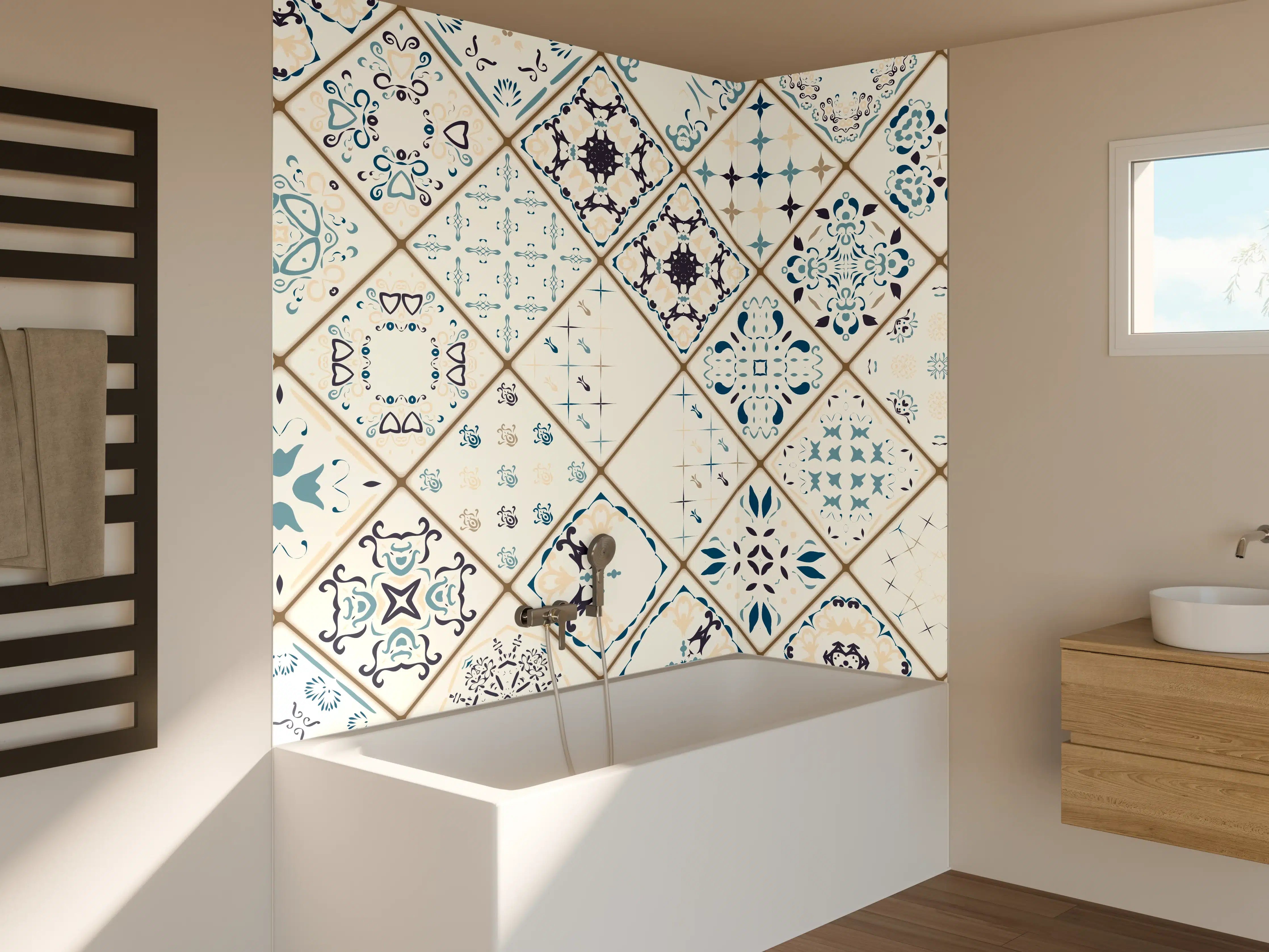 Badewannen-Rückwand - Blau-Beige Retro Fliesendesign