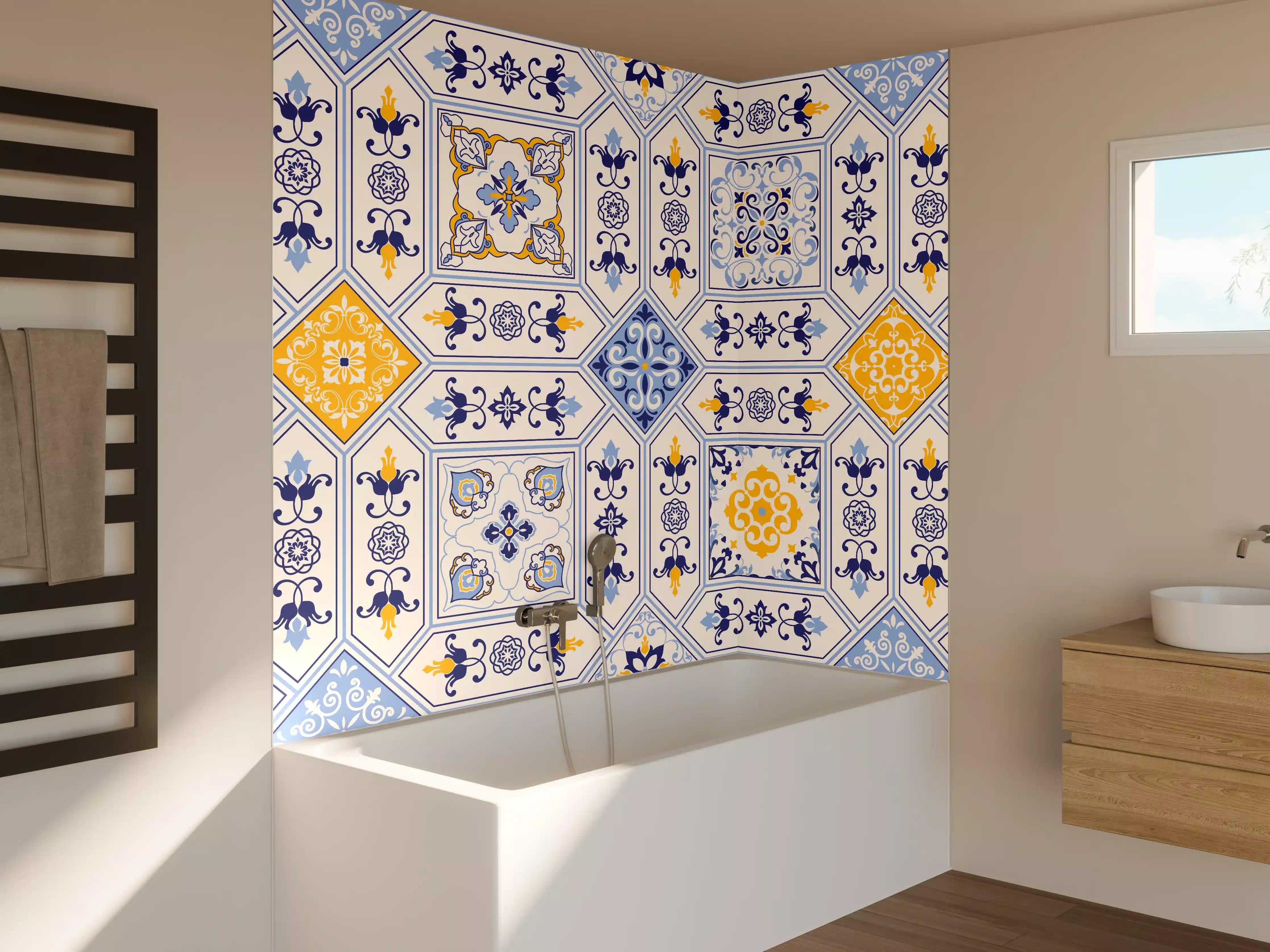 Badewannen-Rückwand - Blau-Gelbe Fliesenmuster