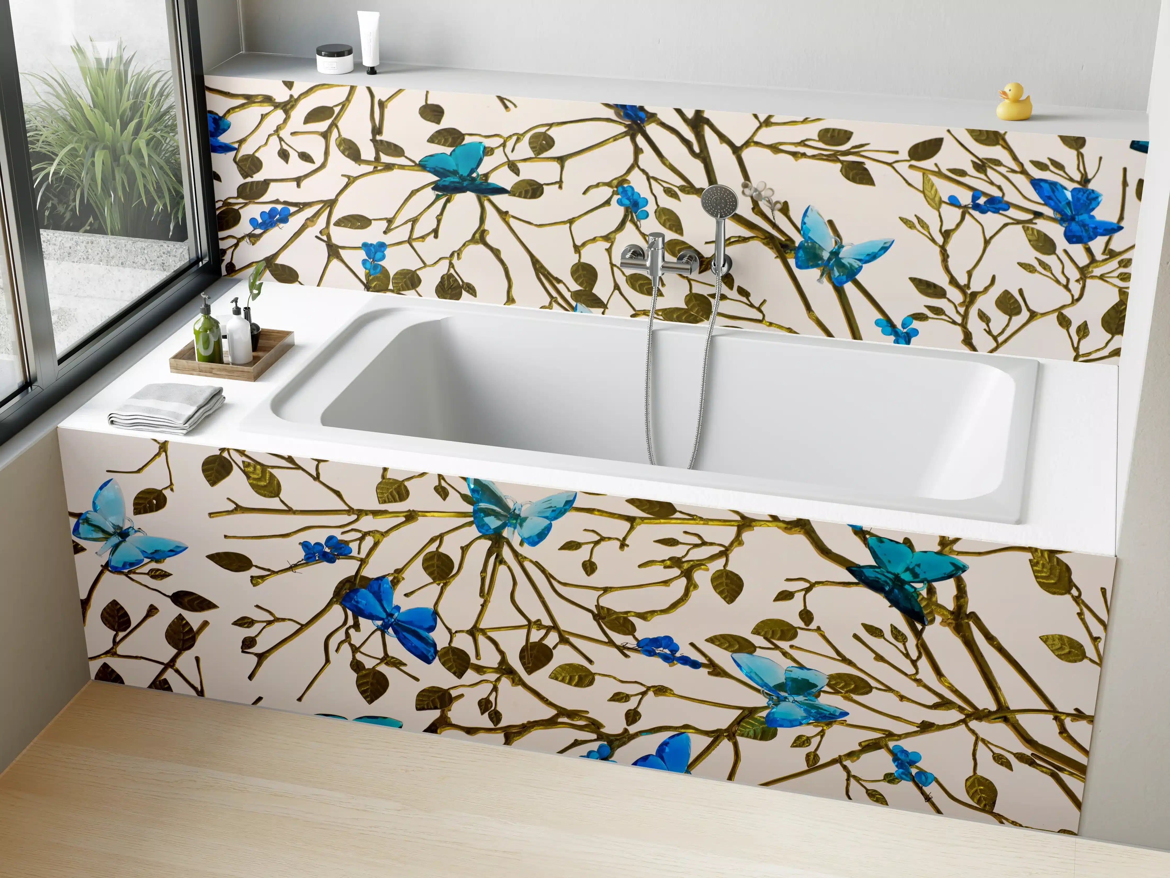 Badewannen-Rückwand - Blau-Goldenes Blumenmuster