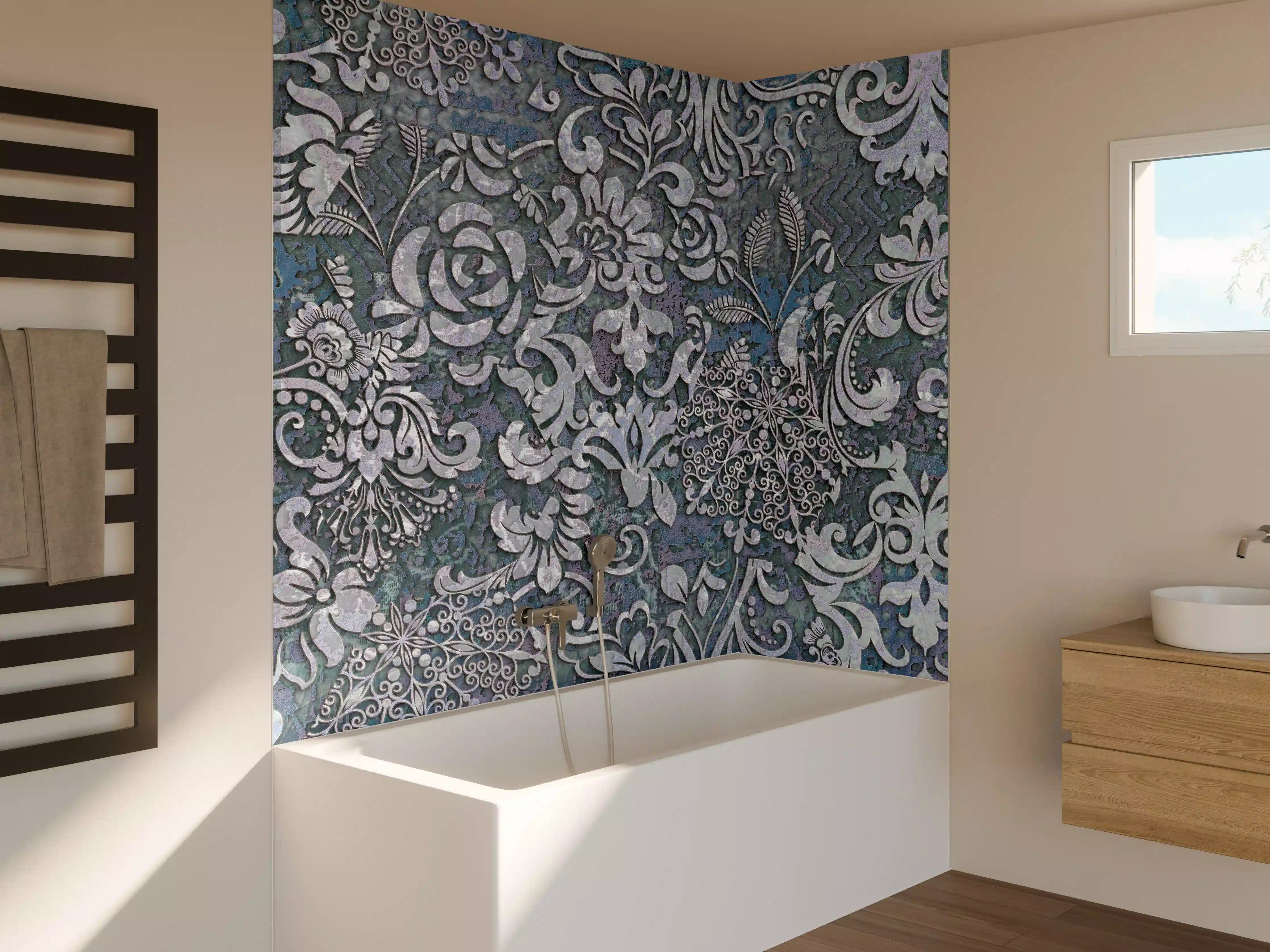 Badewannen-Rückwand - Blau-Grau Vintage Kunst