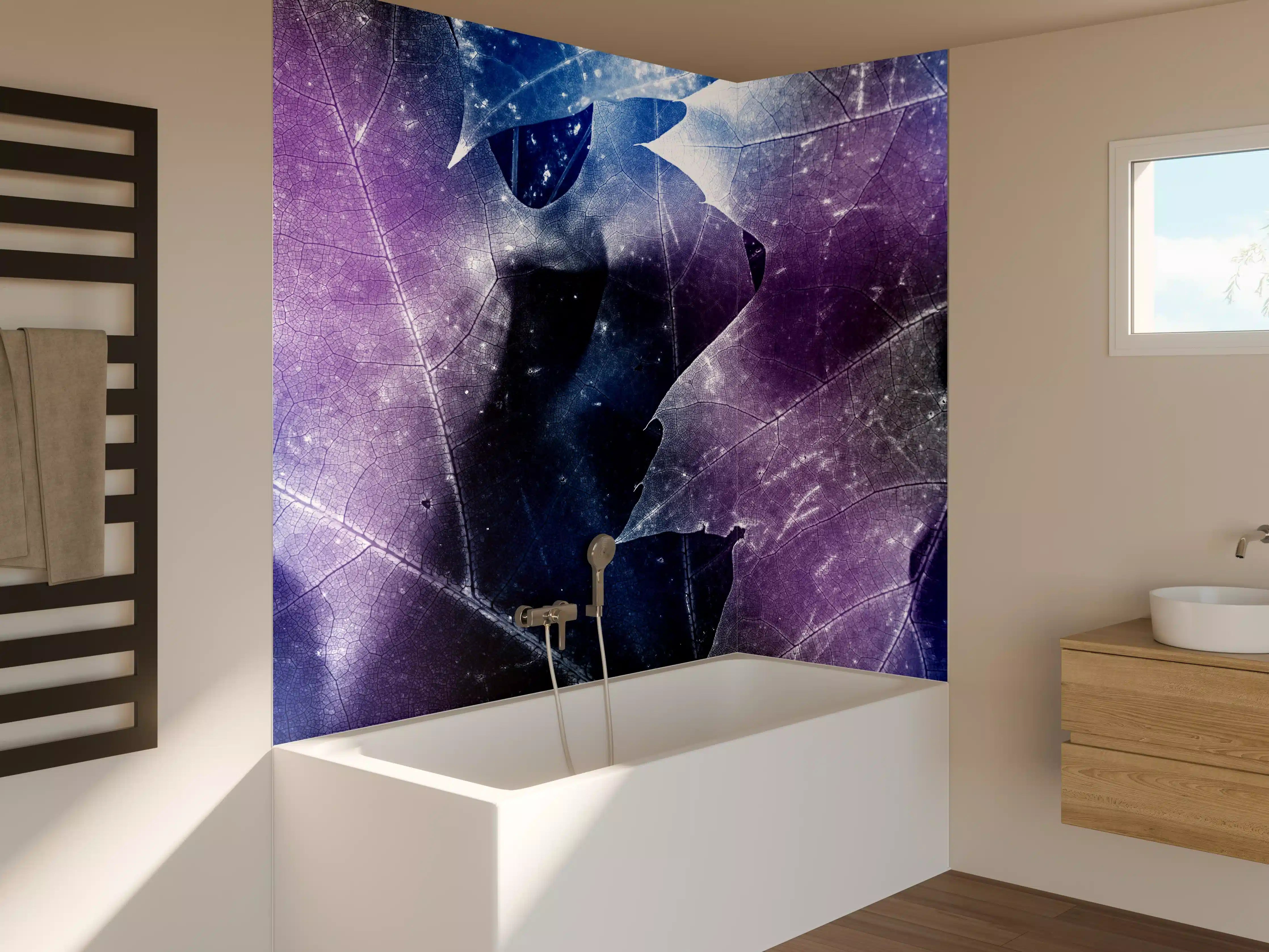 Badewannen-Rückwand - Blau-Lila Blättertextur