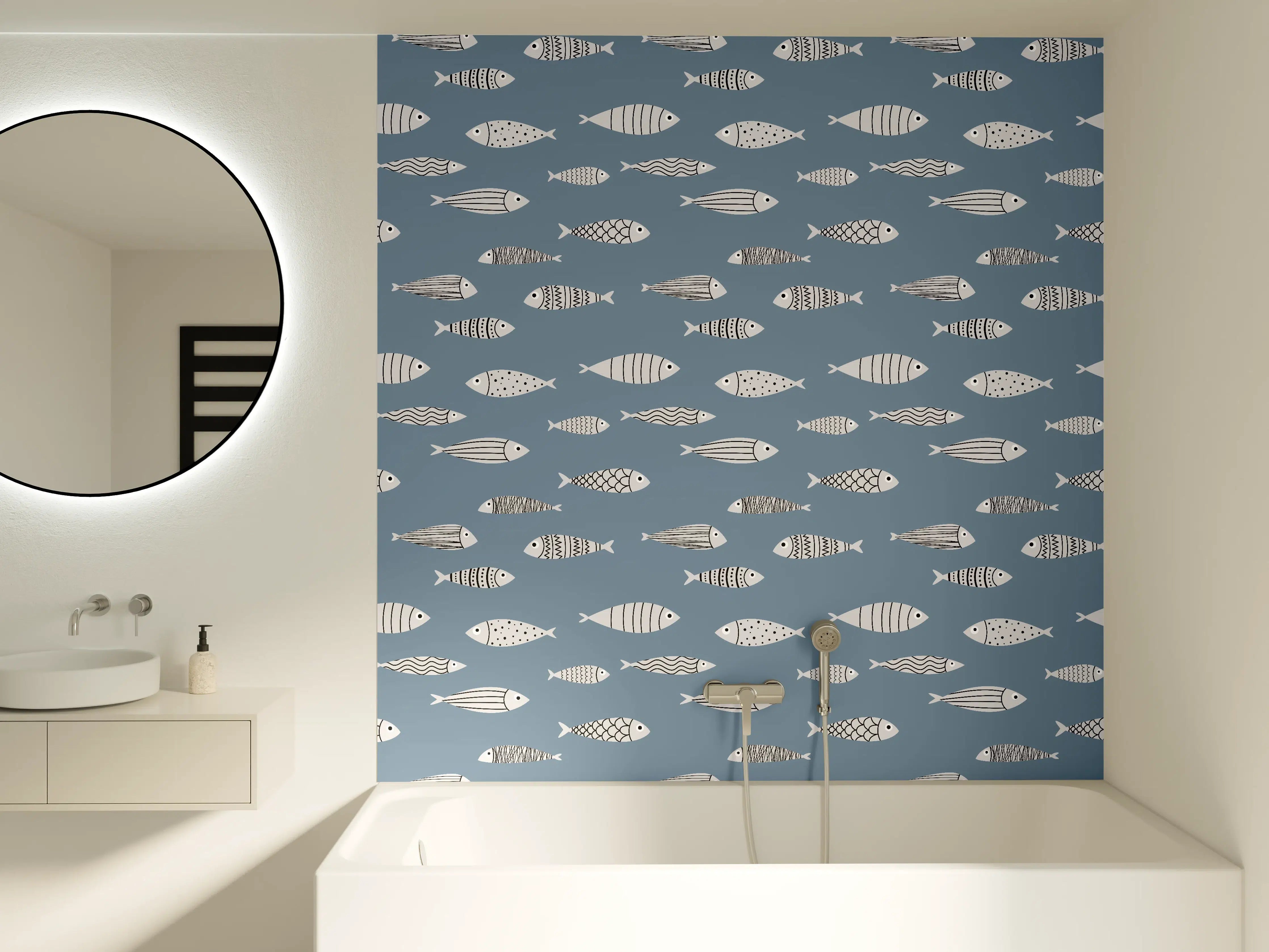 Badewannen-Rückwand - Blau-Weiß Fischmuster