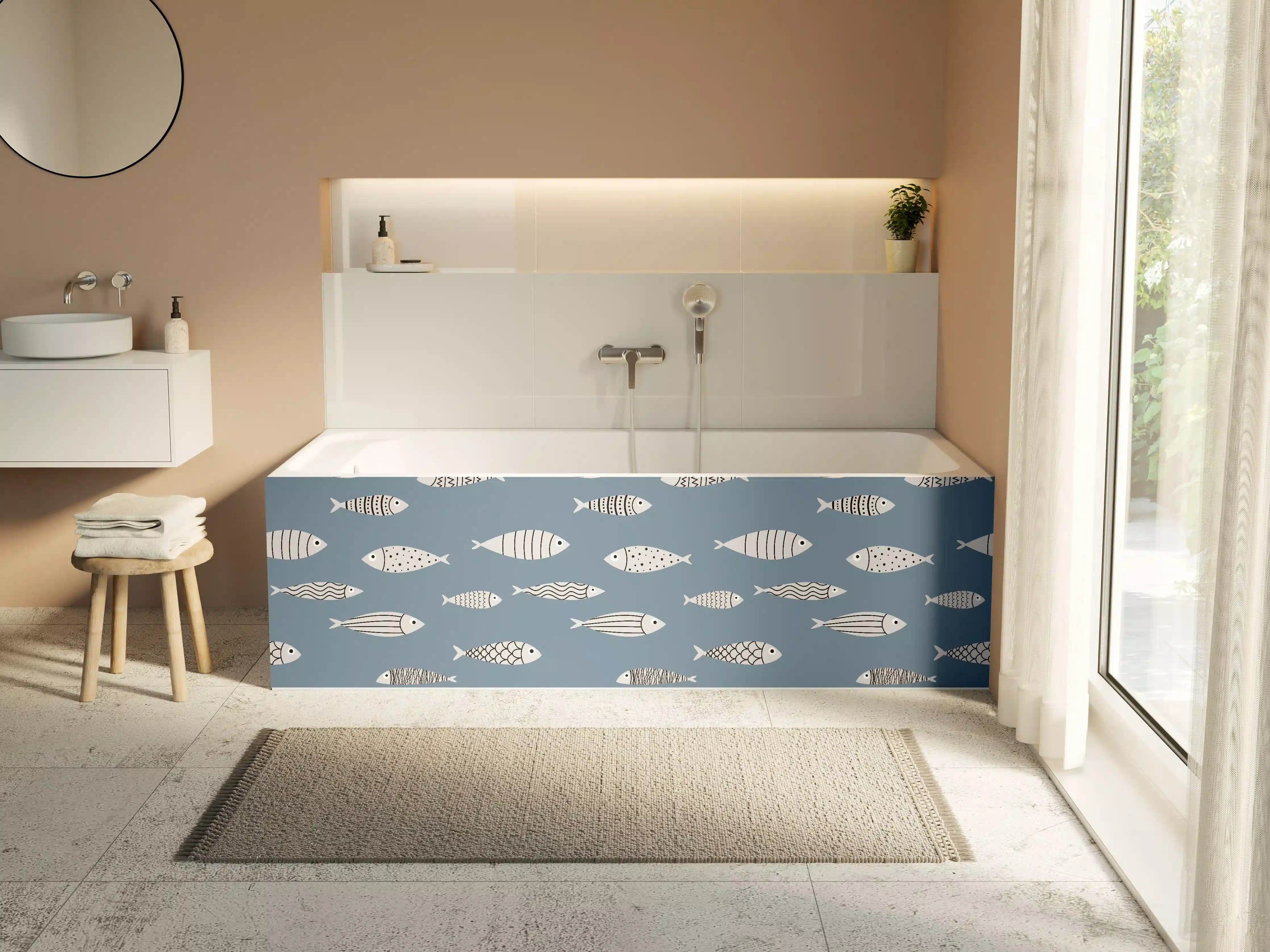 Badewannen-Rückwand - Blau-Weiß Fischmuster