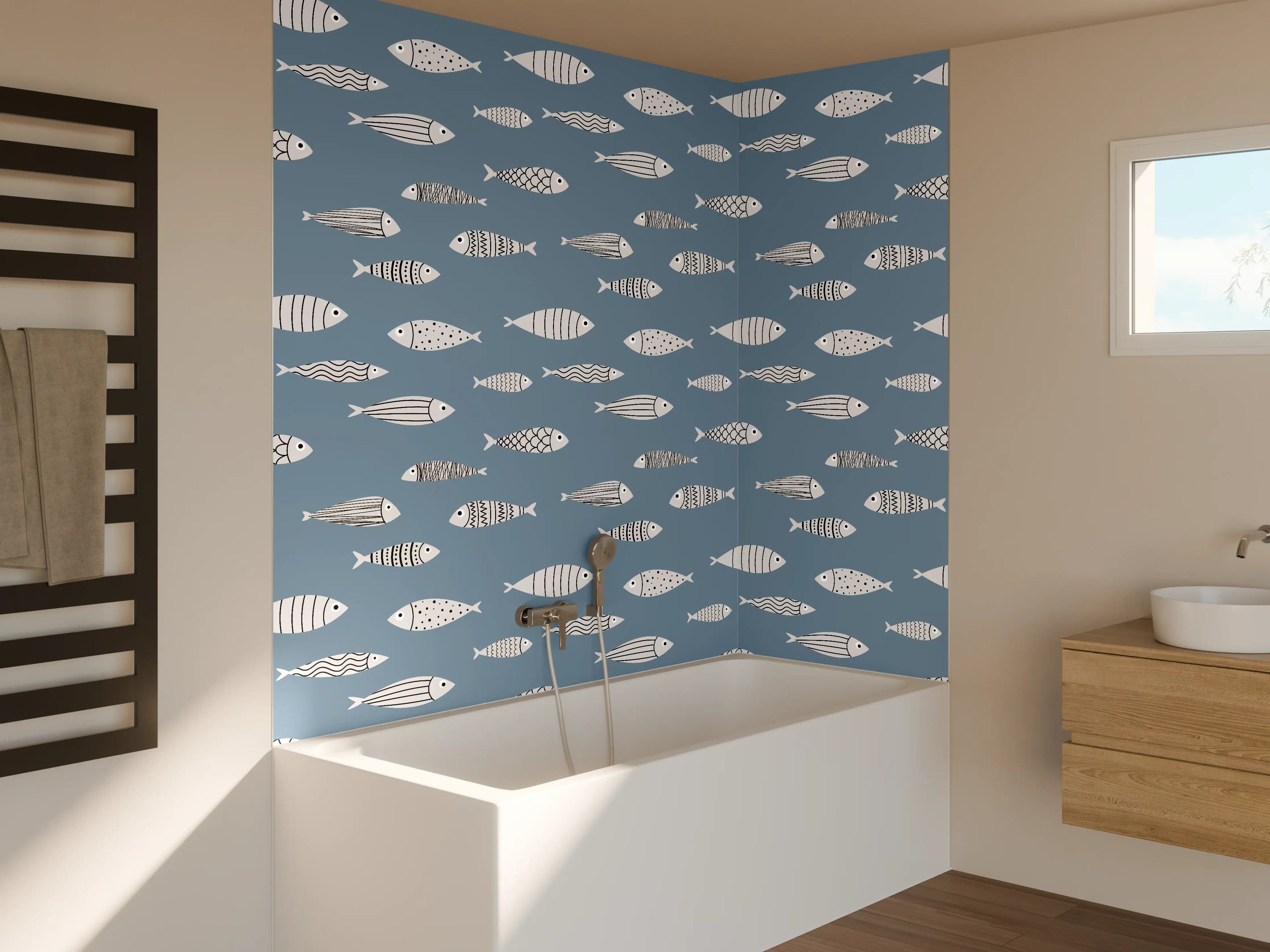 Badewannen-Rückwand - Blau-Weiß Fischmuster