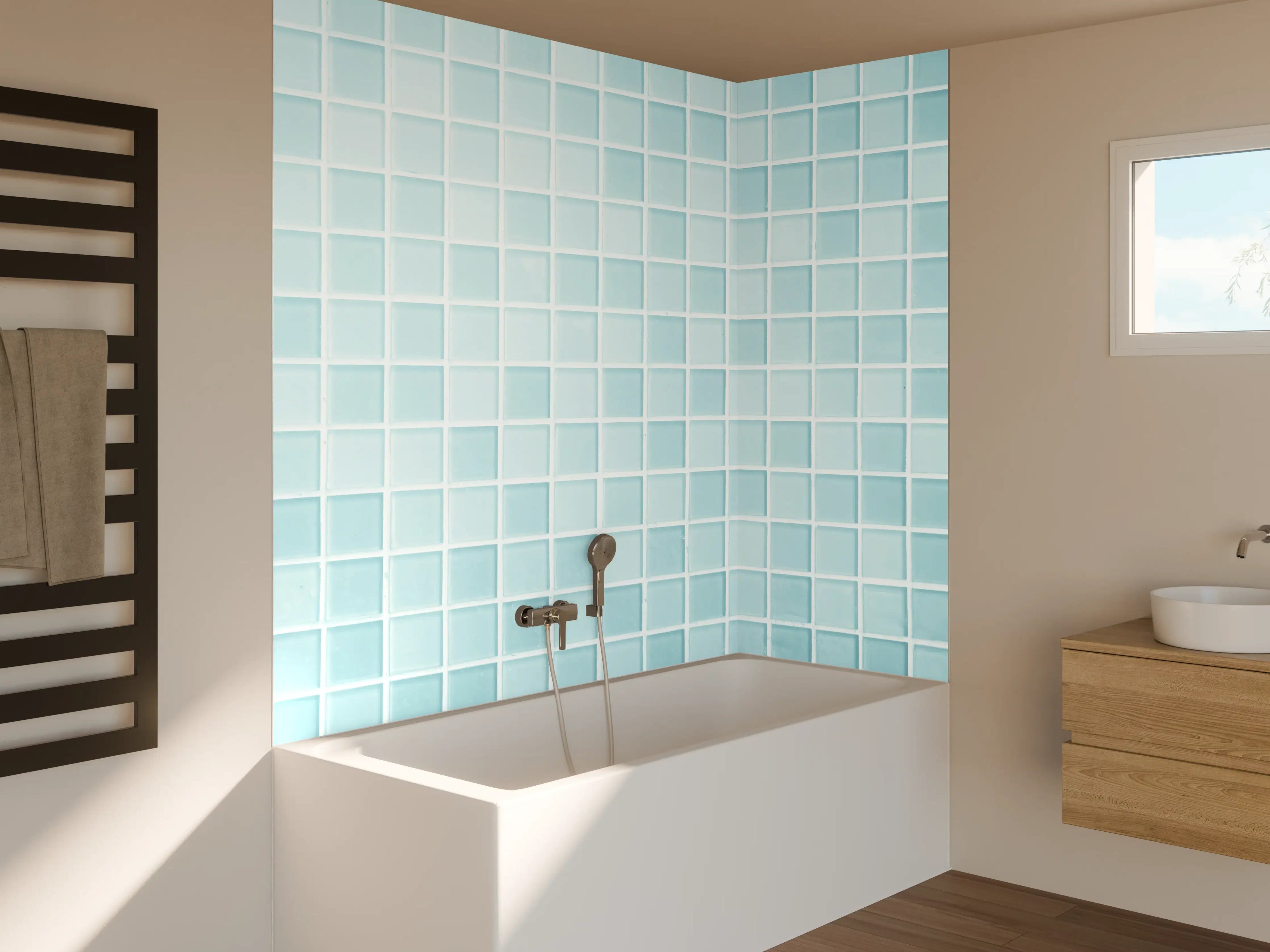 Badewannen-Rückwand - Blau-Weiße Keramikfliesen
