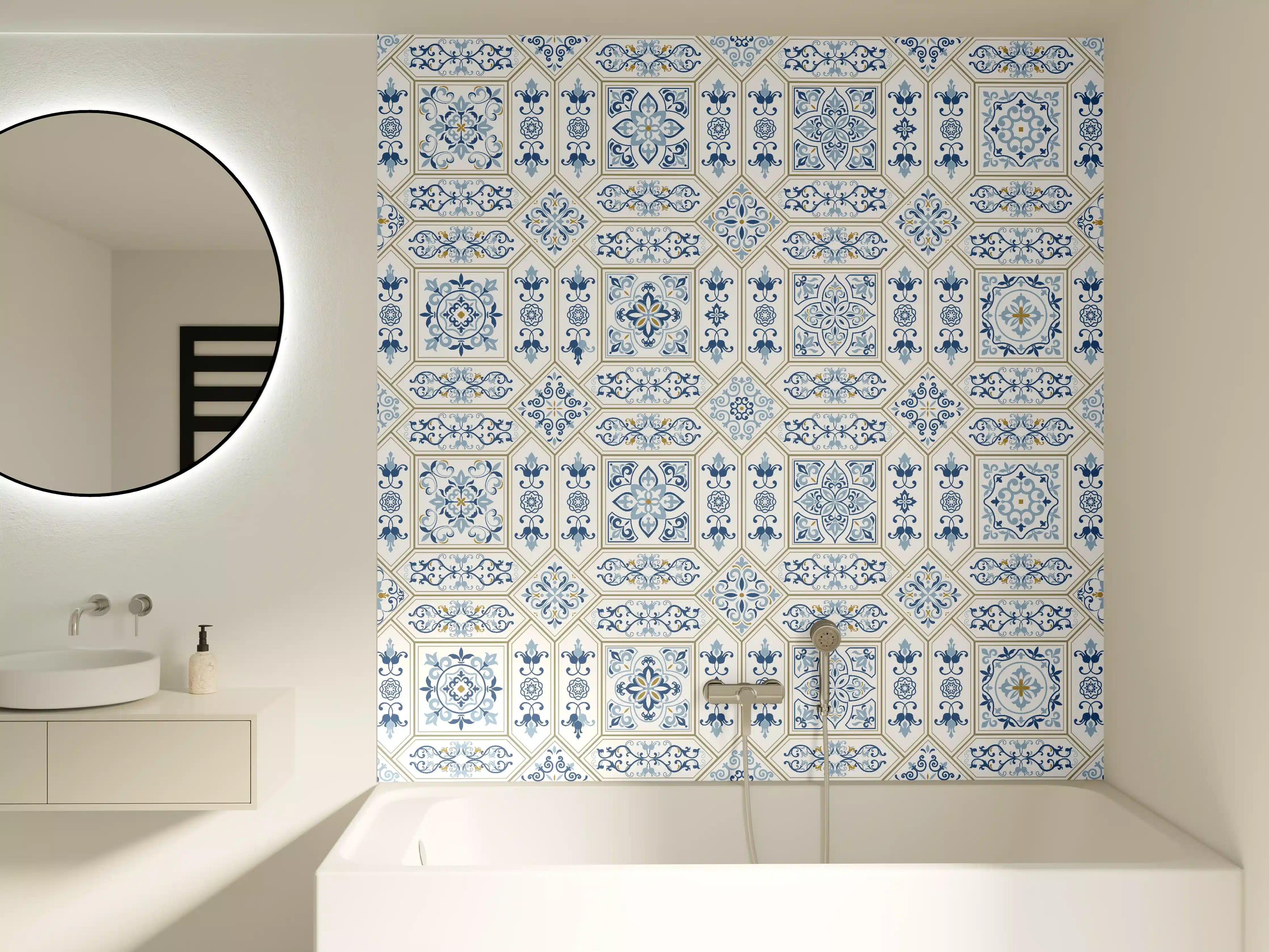 Badewannen-Rückwand - Blau-Weißes Fliesenmuster