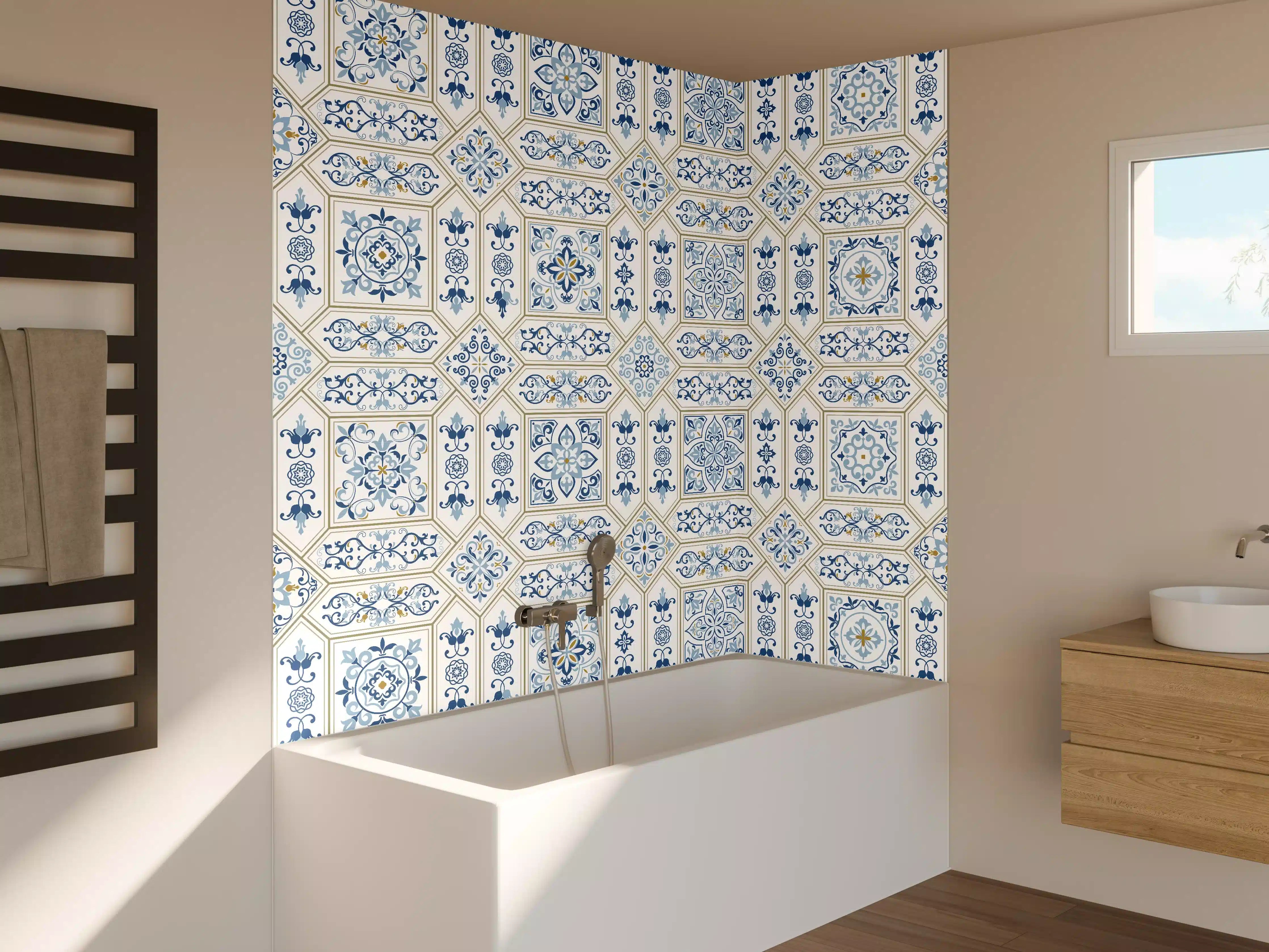 Badewannen-Rückwand - Blau-Weißes Fliesenmuster
