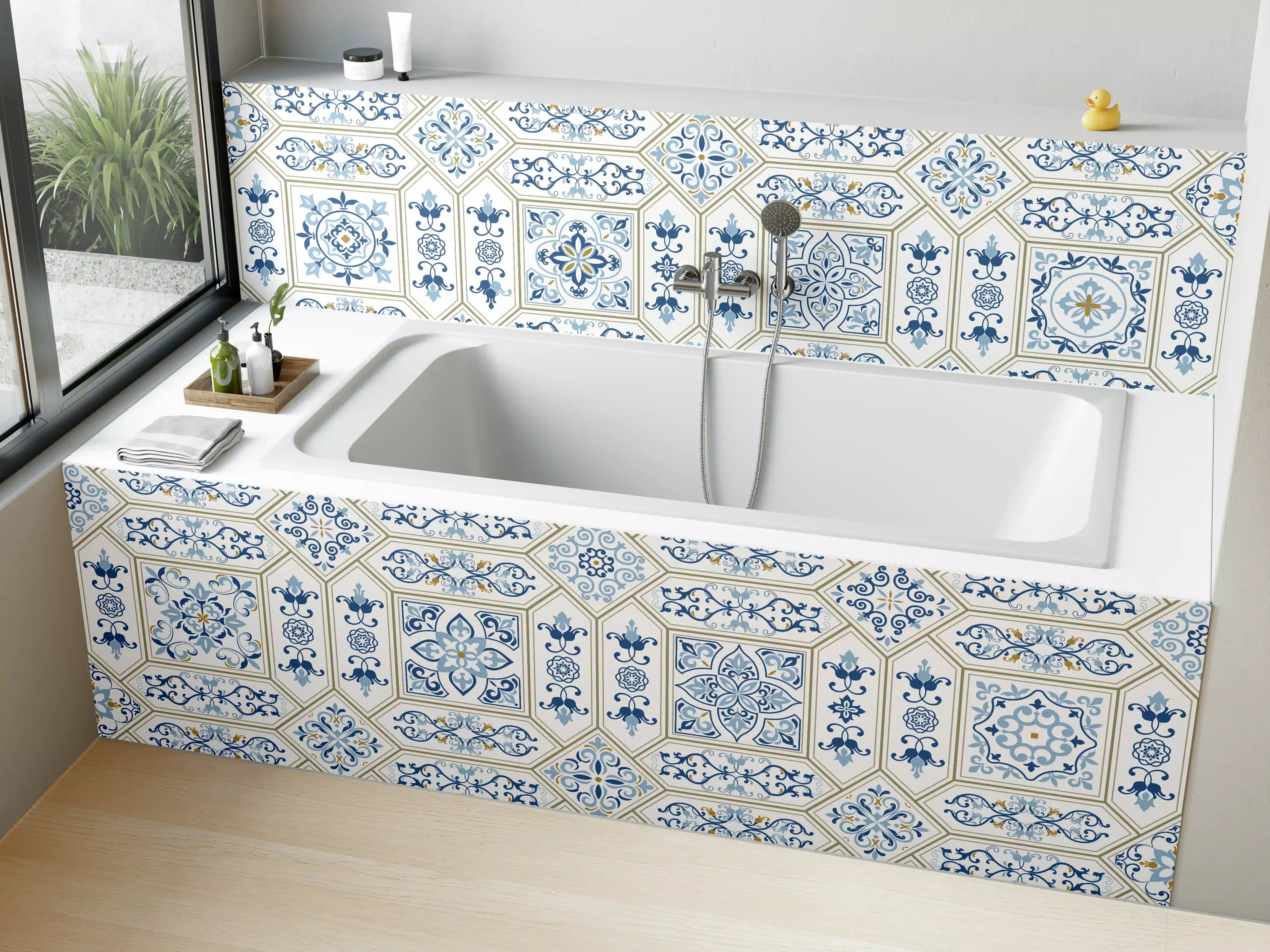 Badewannen-Rückwand - Blau-Weißes Fliesenmuster
