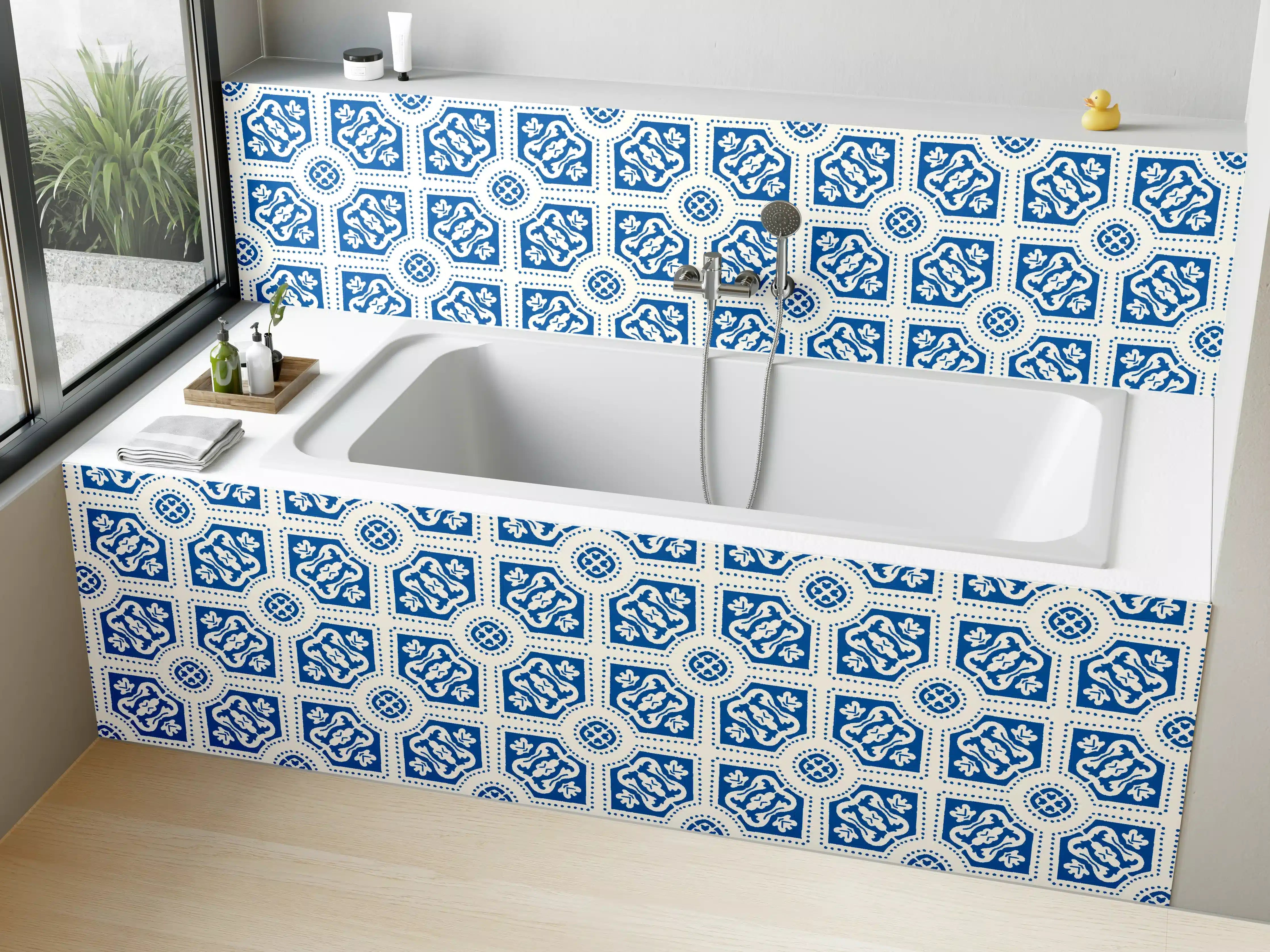 Badewannen-Rückwand - Blau-Weißes geometrisches Muster mit zarten Grautönen