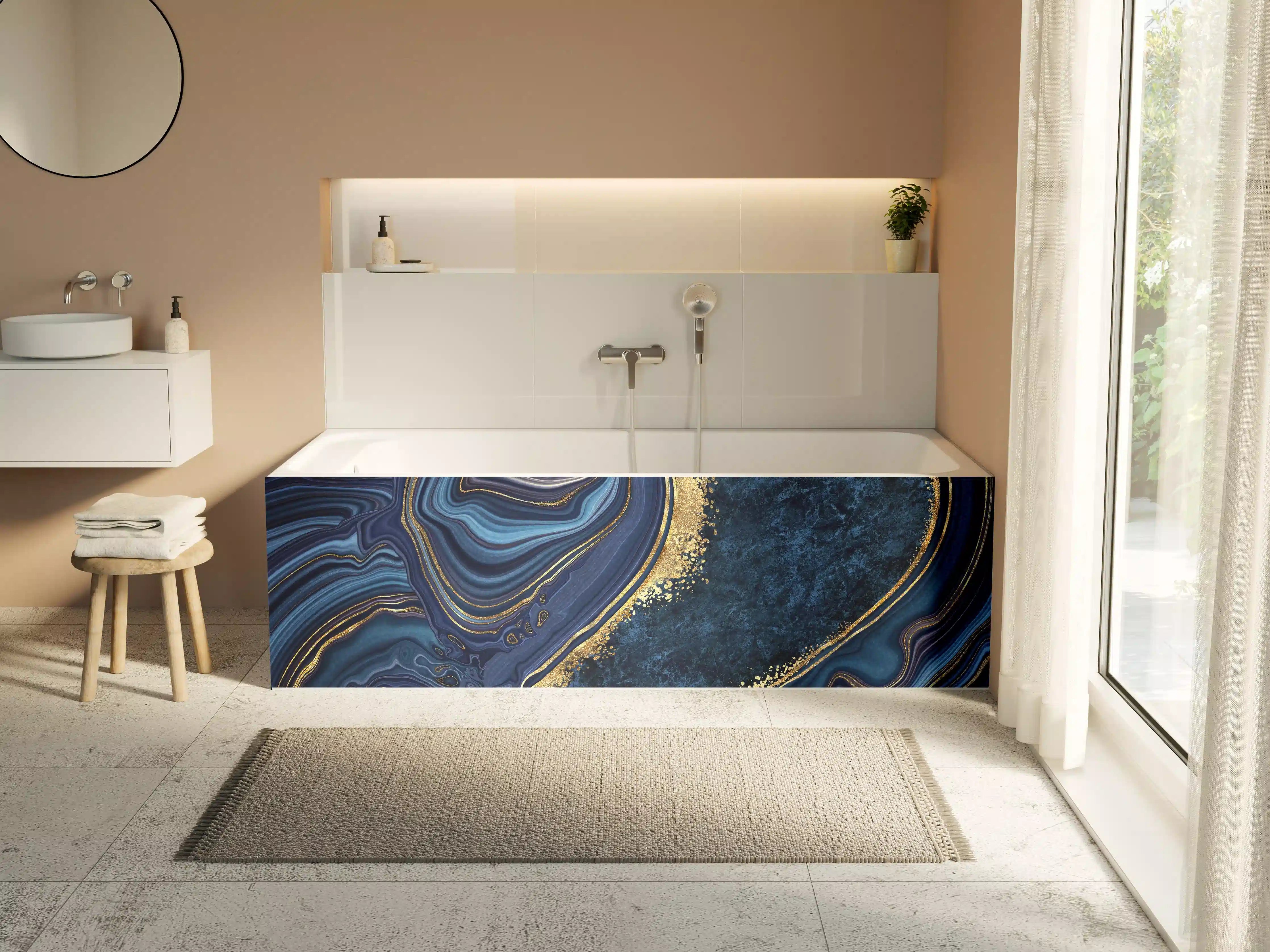Badewannen-Rückwand - Blau goldenes Mosaik Design aus Marmor