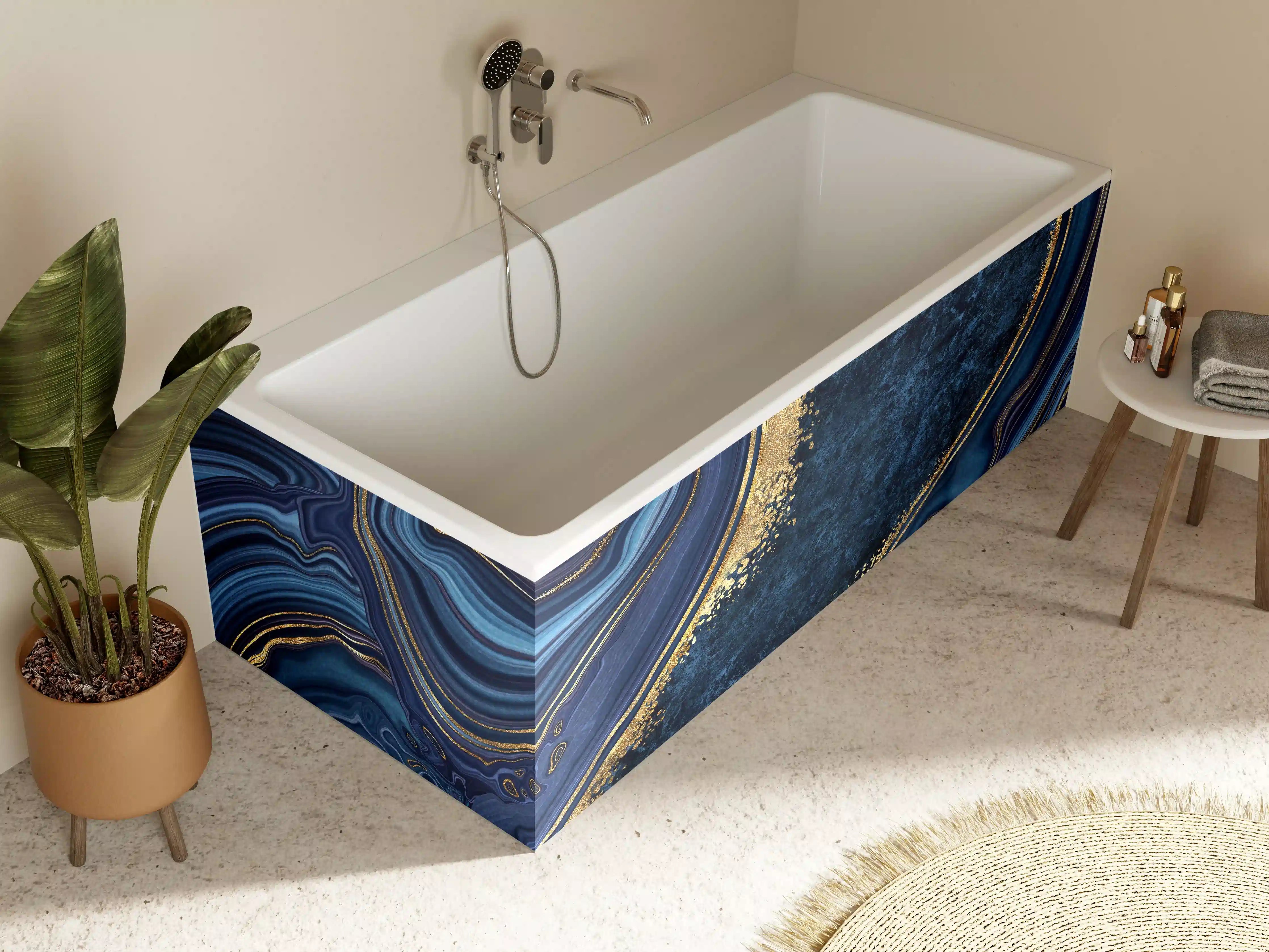 Badewannen-Rückwand - Blau goldenes Mosaik Design aus Marmor