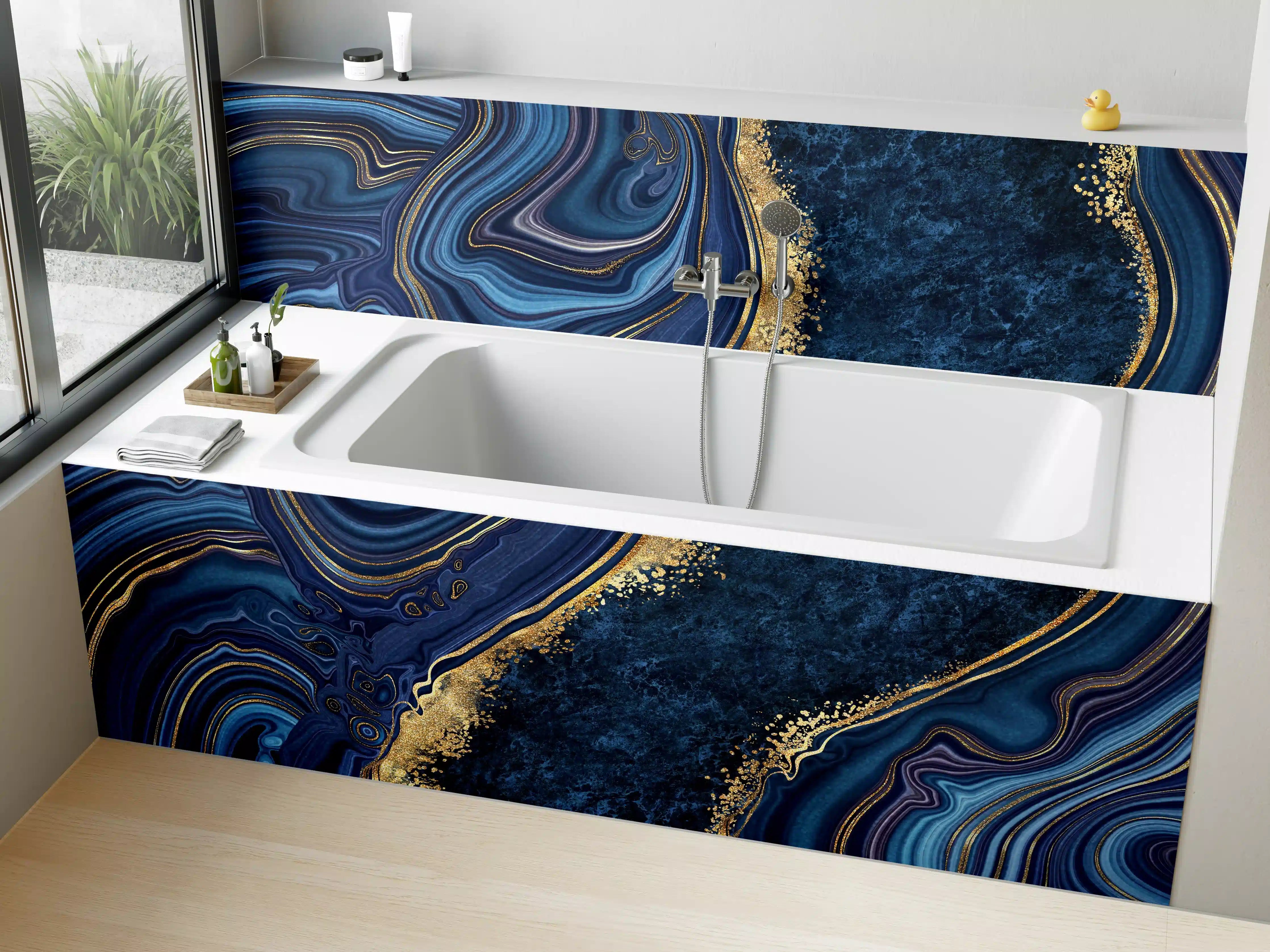 Badewannen-Rückwand - Blau goldenes Mosaik Design aus Marmor