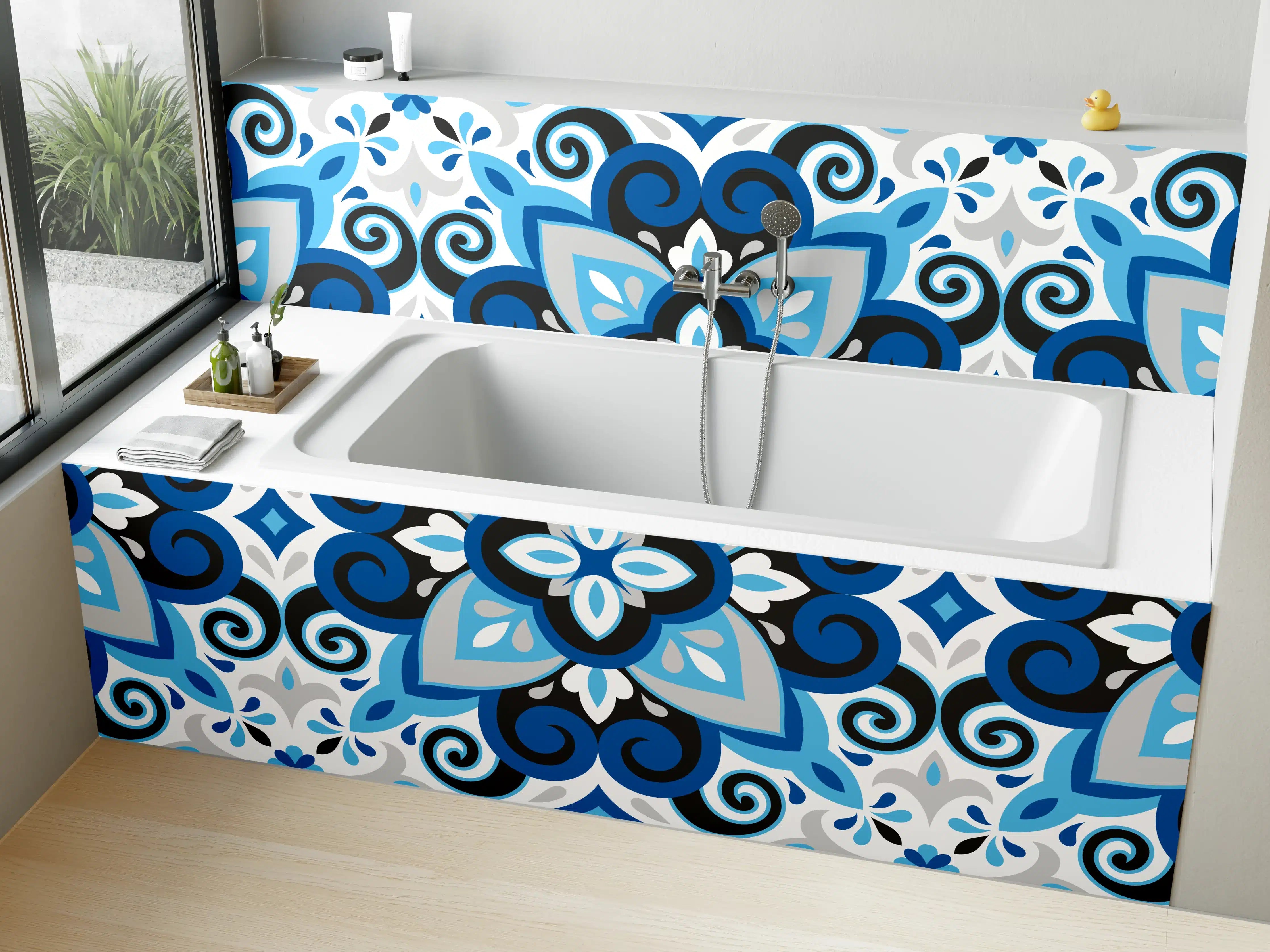 Badewannen-Rückwand - Blau-weißes Musterdesign mit subtilen Grautönen