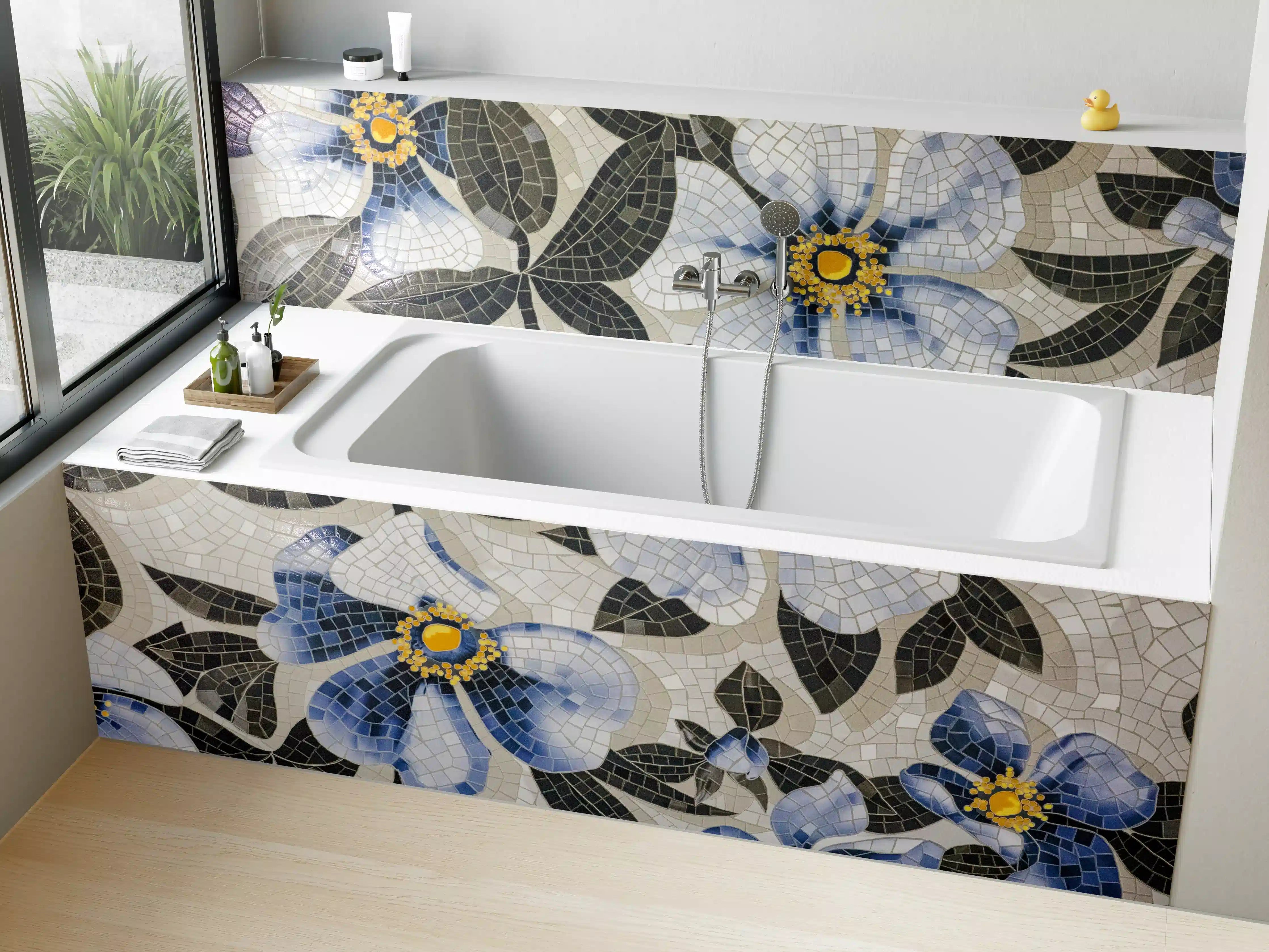 Badewannen-Rückwand - Blaue Blumen Mosaikfliesen
