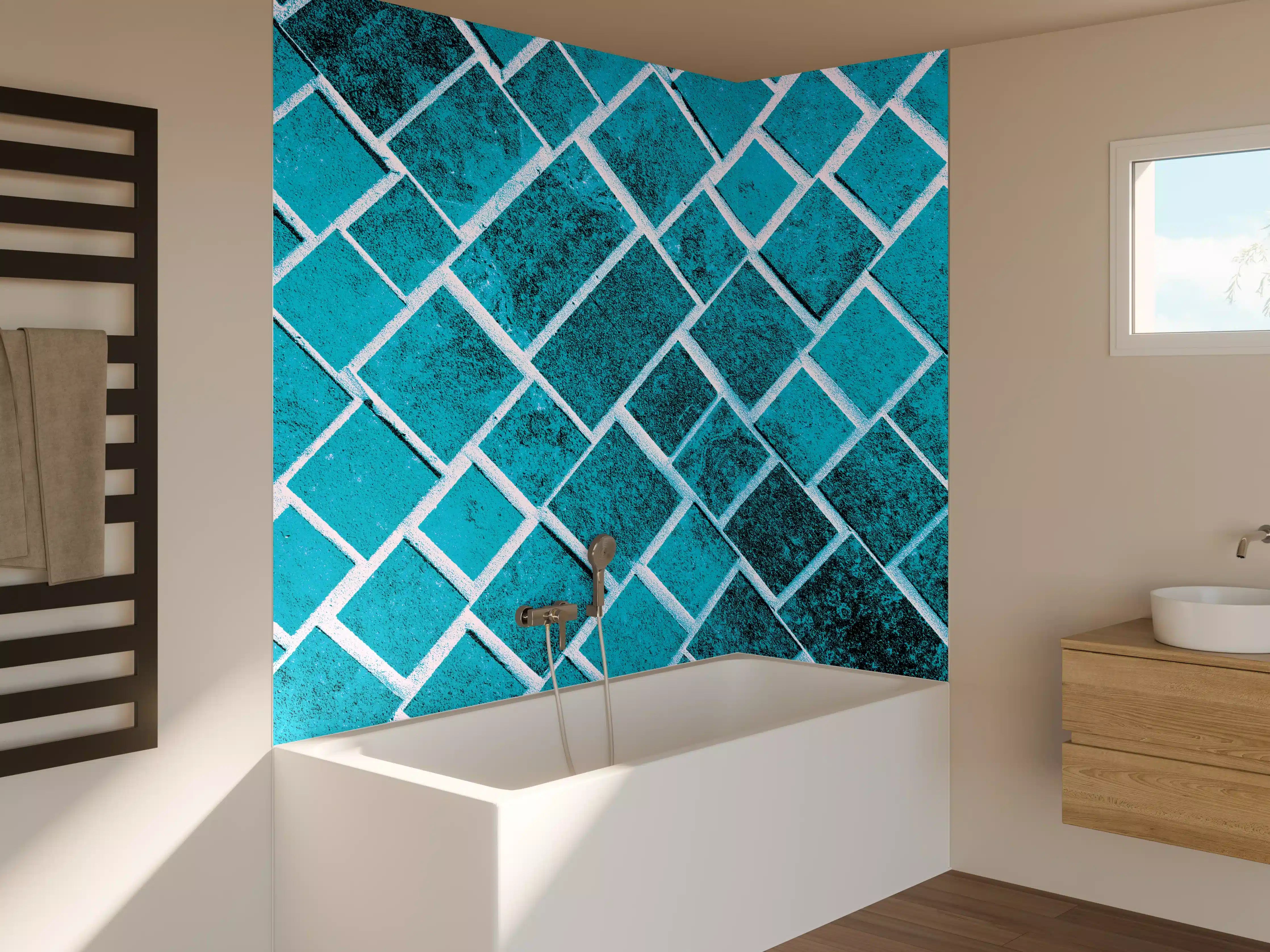 Badewannen-Rückwand - Blaue Mosaikfliesen mit Glasur-Effekt