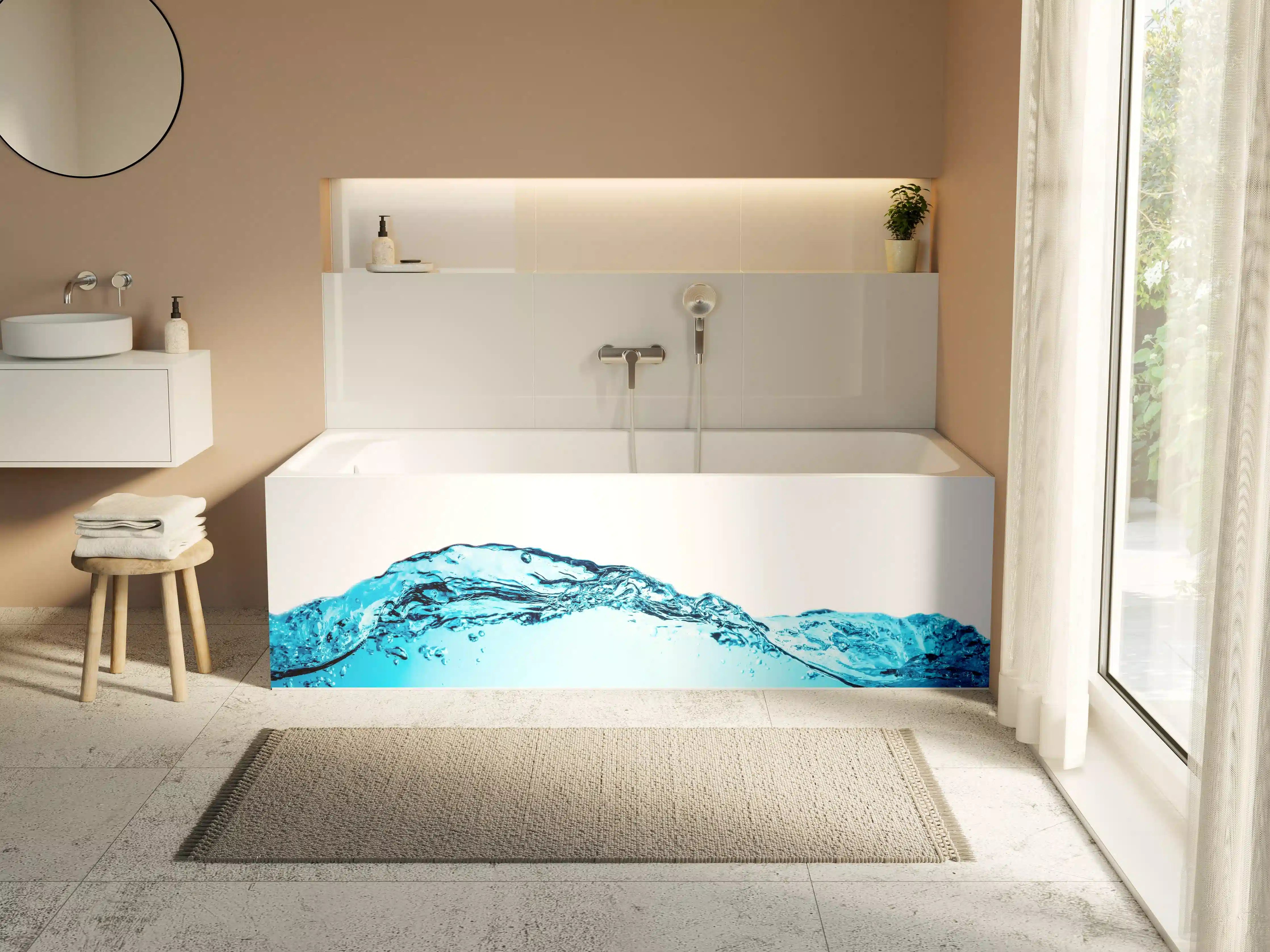 Badewannen-Rückwand - Blaue Wasserwelle mit Bläschen