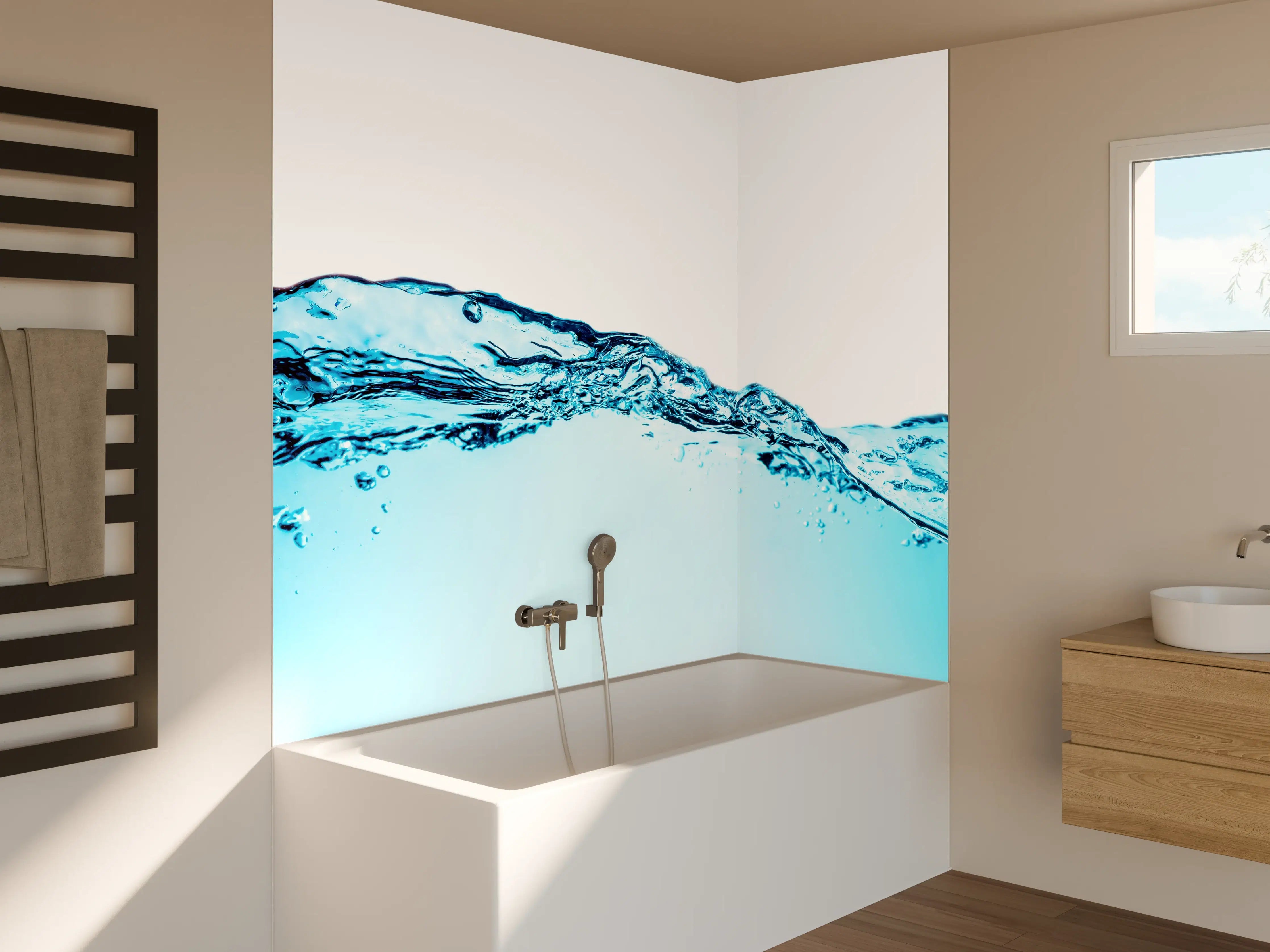 Badewannen-Rückwand - Blaue Wasserwelle mit Bläschen
