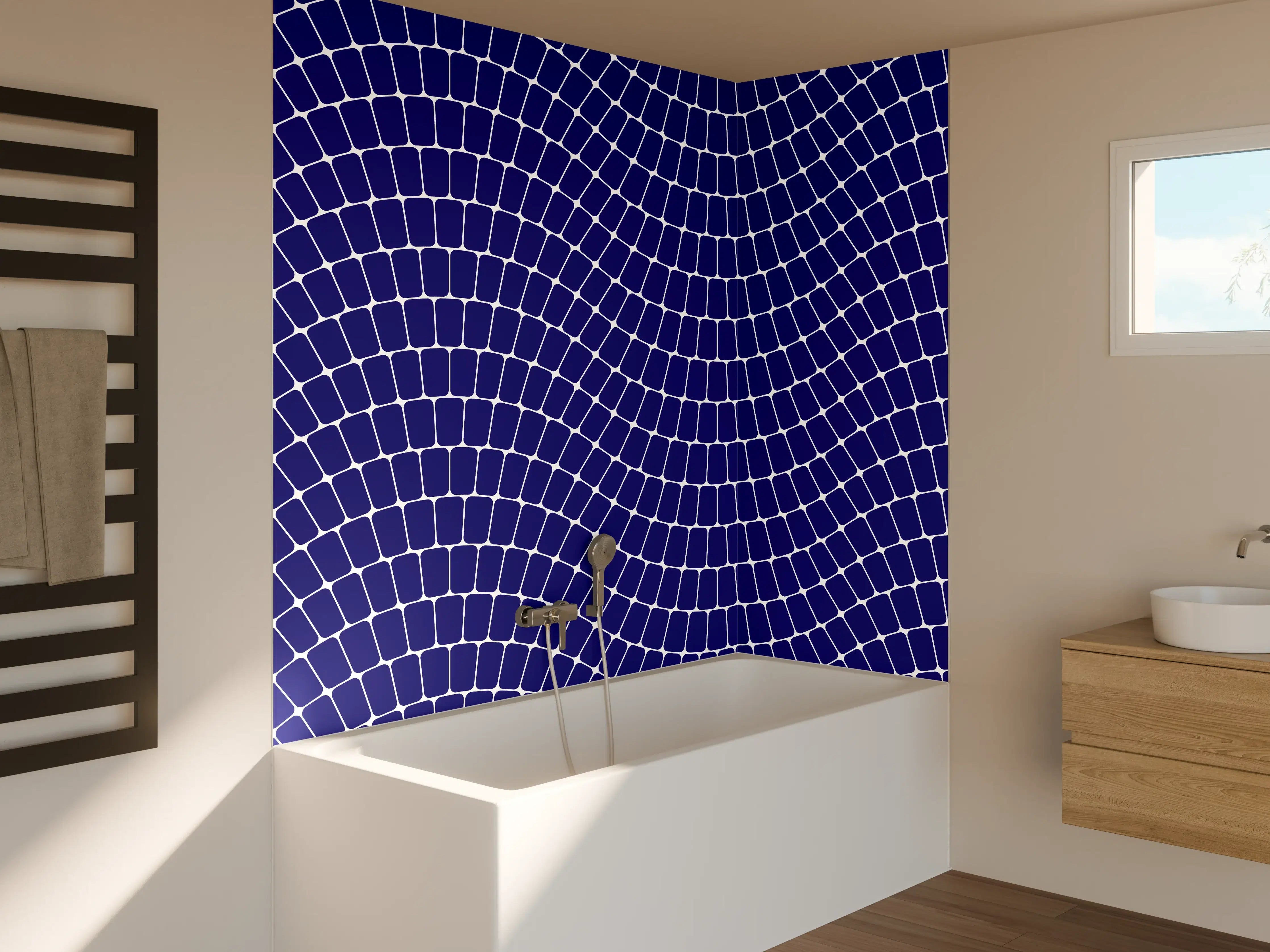 Badewannen-Rückwand - Blaue geometrische Muster mit Wellenstruktur