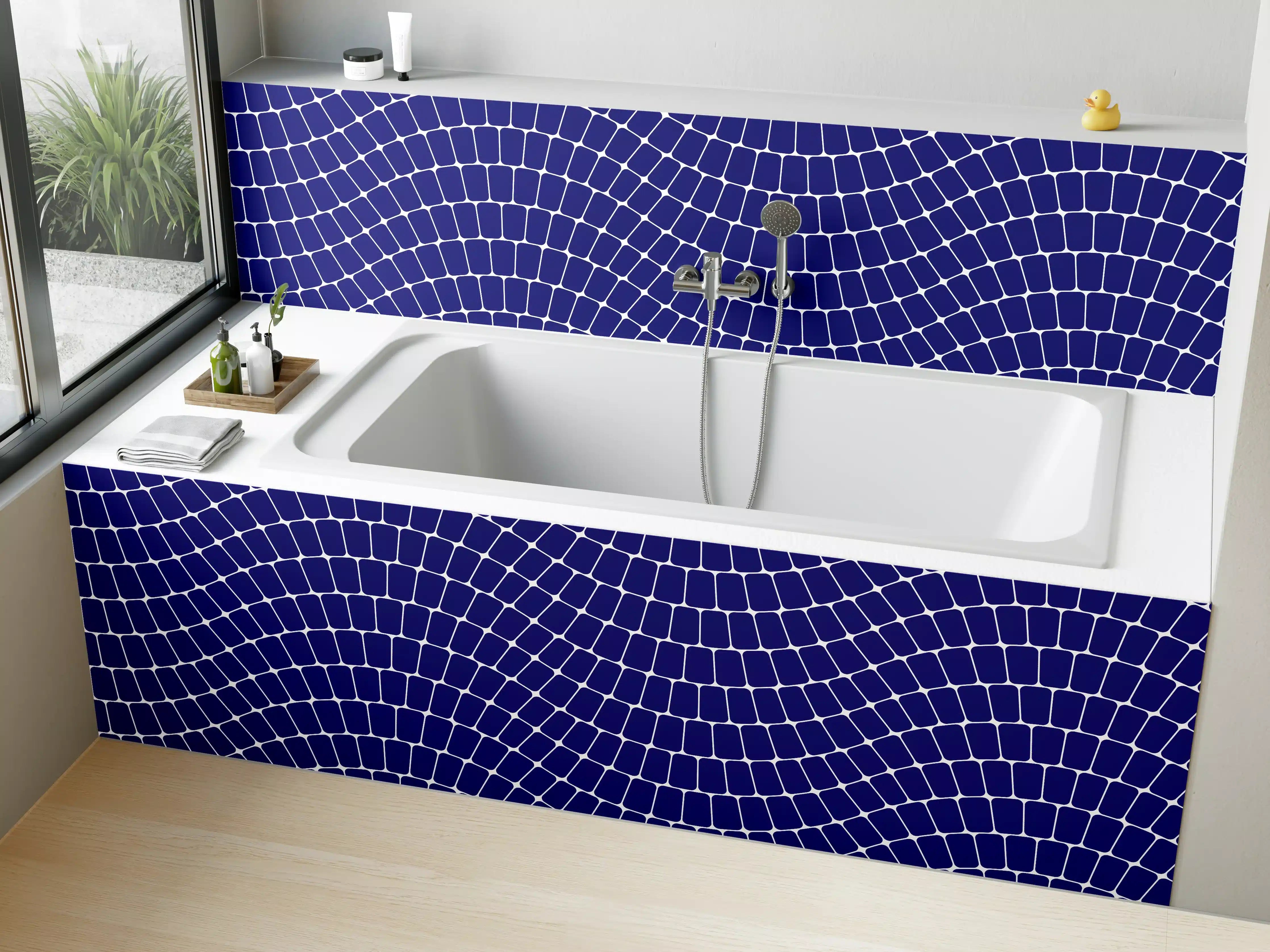 Badewannen-Rückwand - Blaue geometrische Muster mit Wellenstruktur