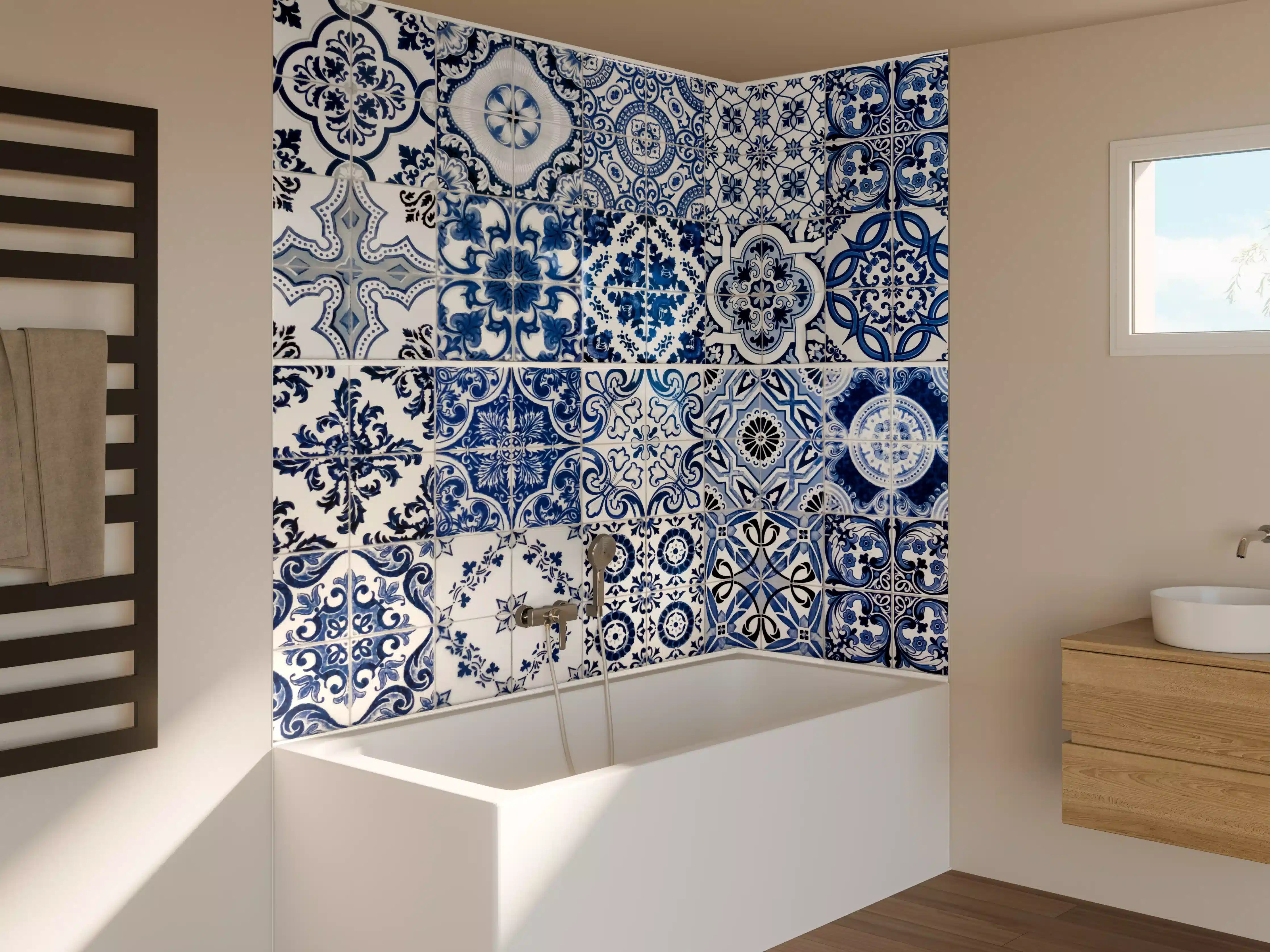 Badewannen-Rückwand - Blaue portugiesische Azulejo-Fliesen