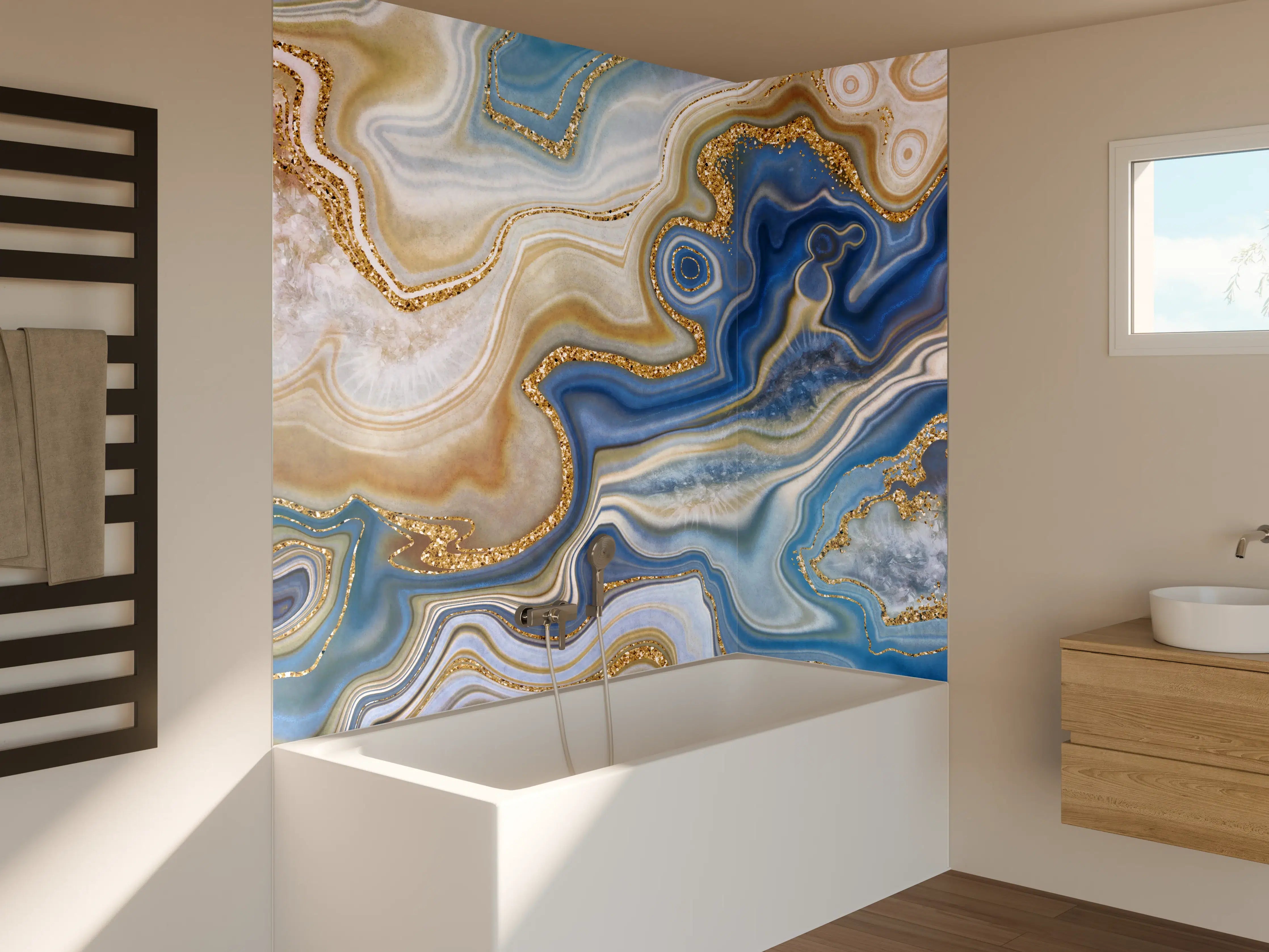 Badewannen-Rückwand - Blaue und goldene Marmor-Textur