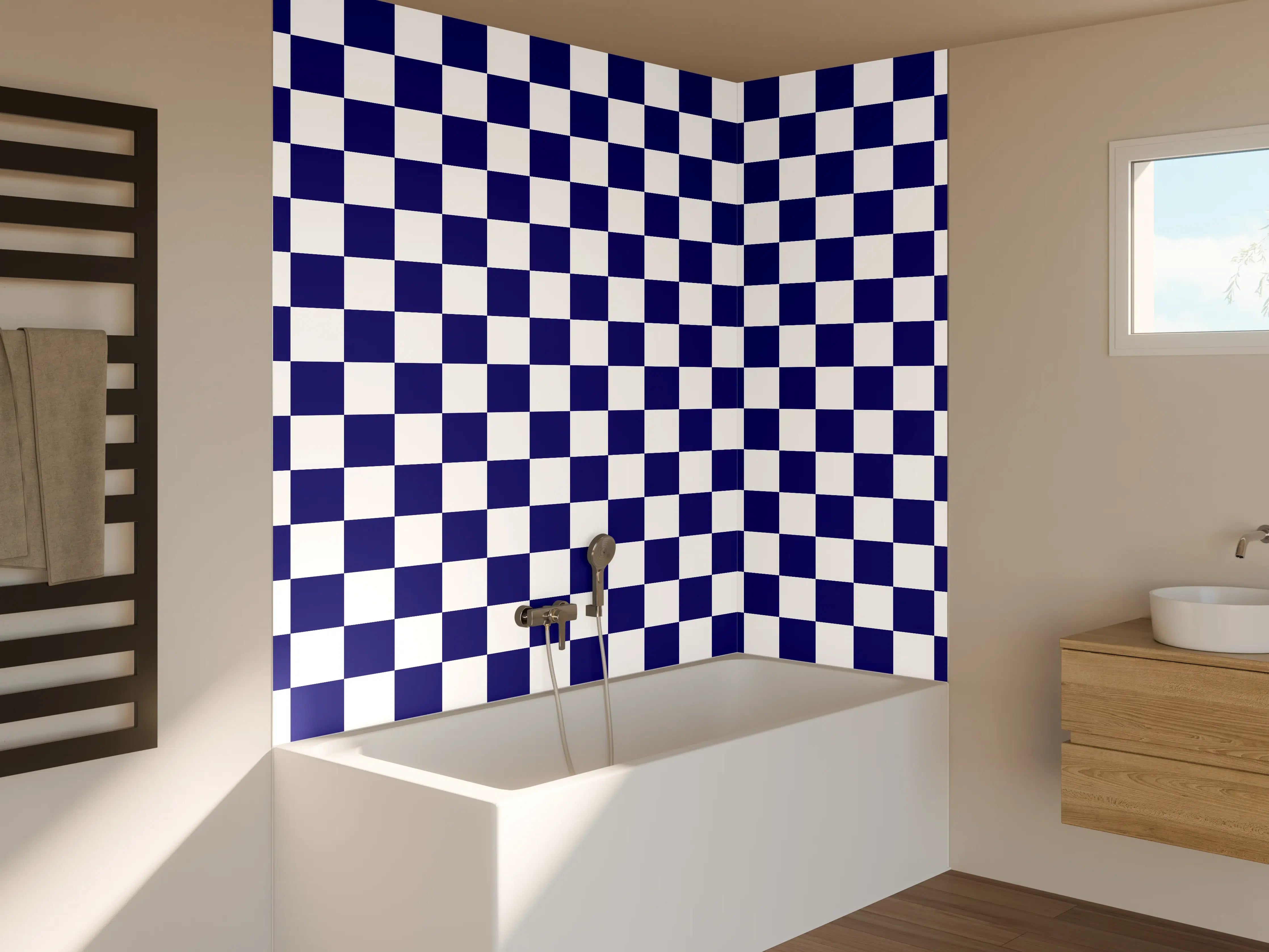 Badewannen-Rückwand - Blaue und weiße Karomuster-Tapete