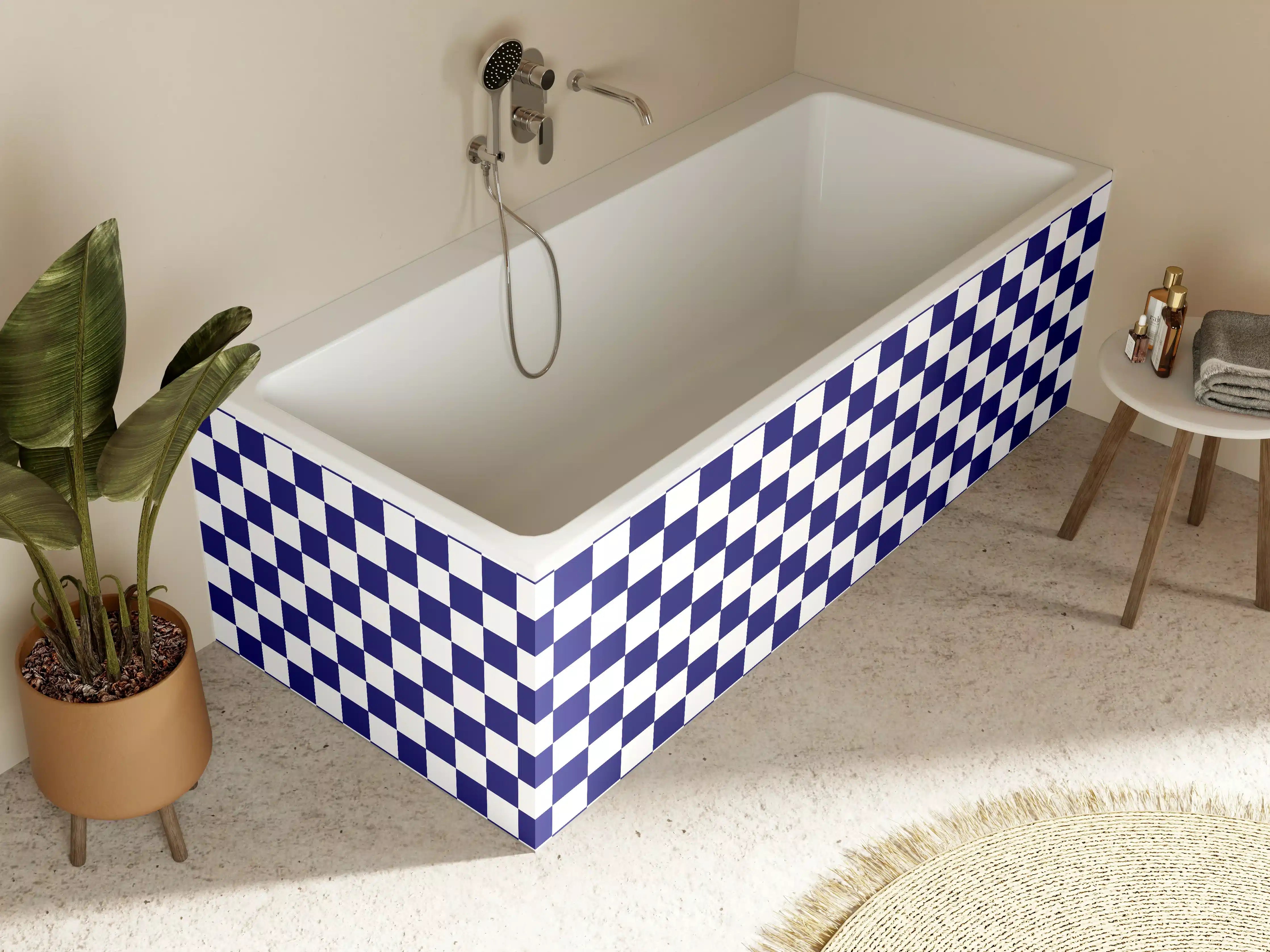 Badewannen-Rückwand - Blaue und weiße Karomuster-Tapete