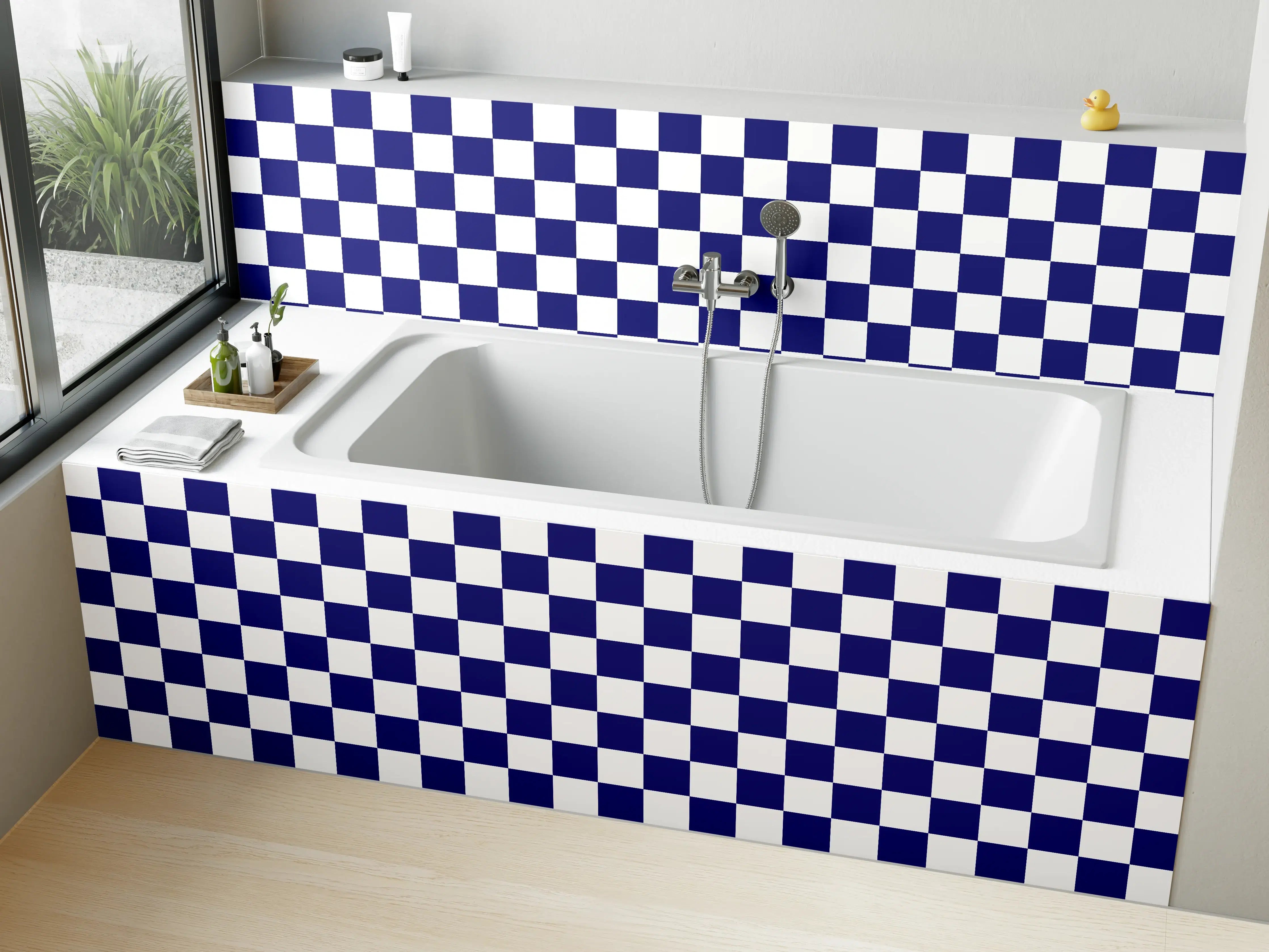 Badewannen-Rückwand - Blaue und weiße Karomuster-Tapete