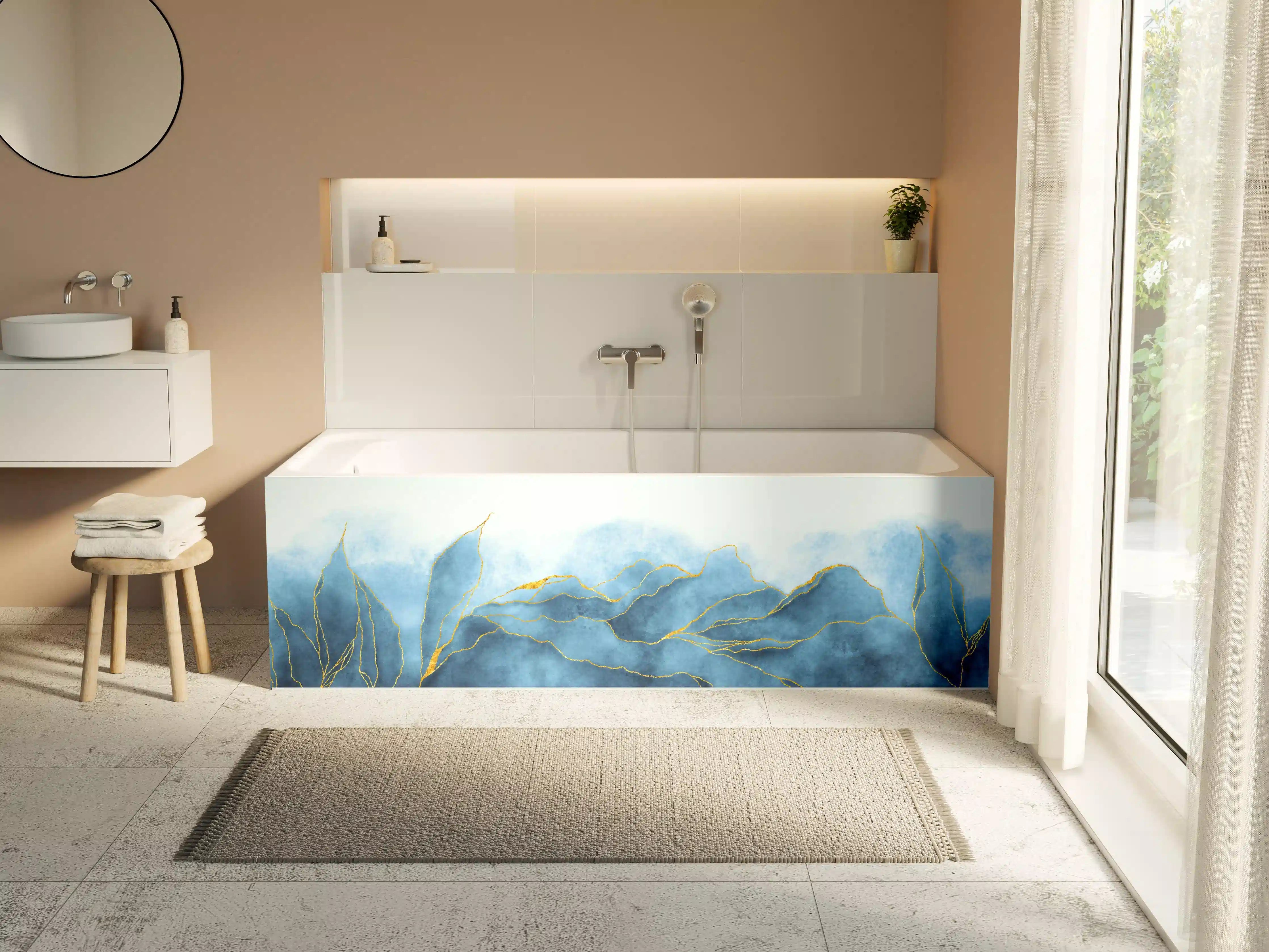 Badewannen-Rückwand - Blaues Aquarell mit Goldelementen