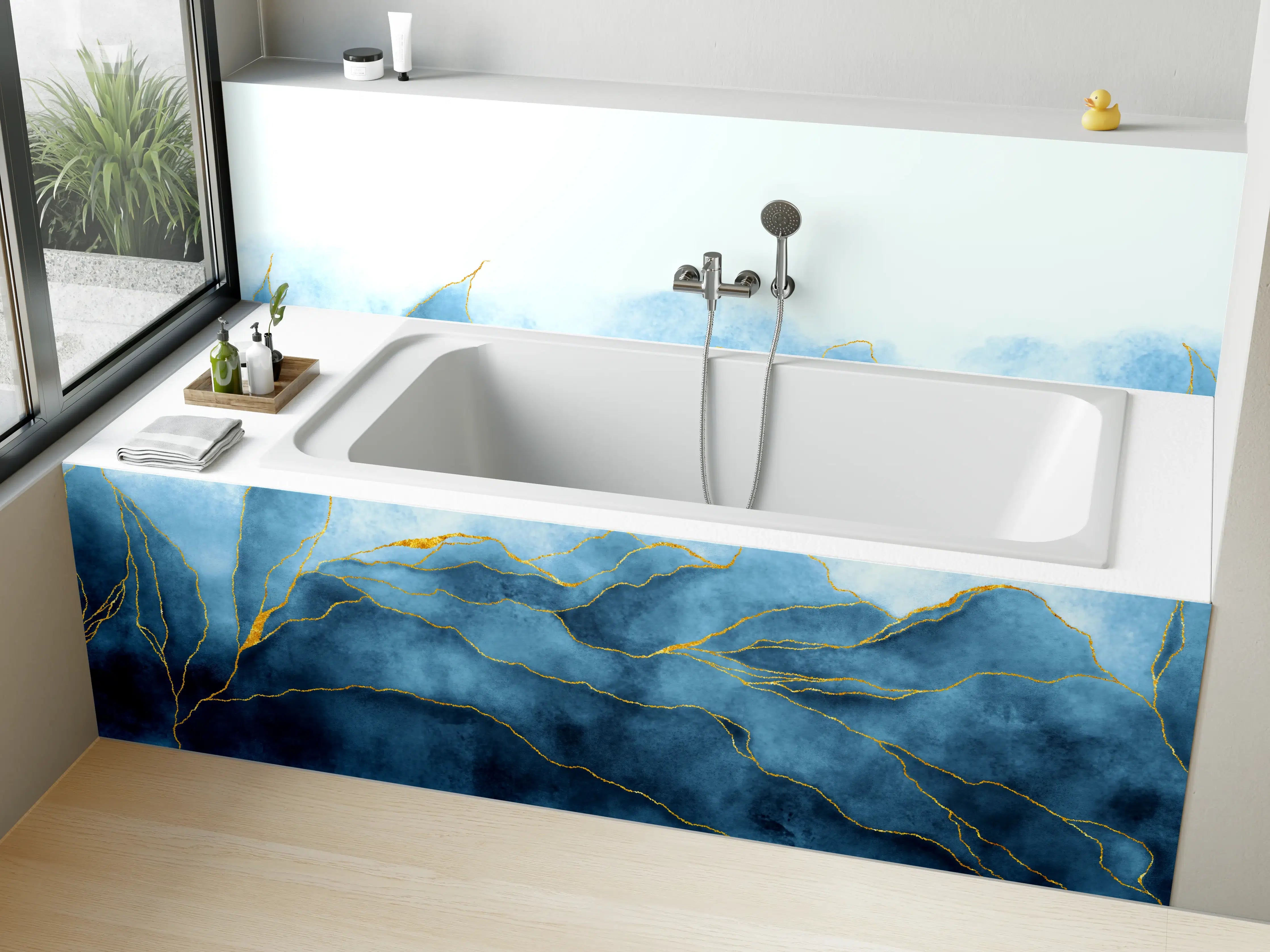 Badewannen-Rückwand - Blaues Aquarell mit Goldelementen