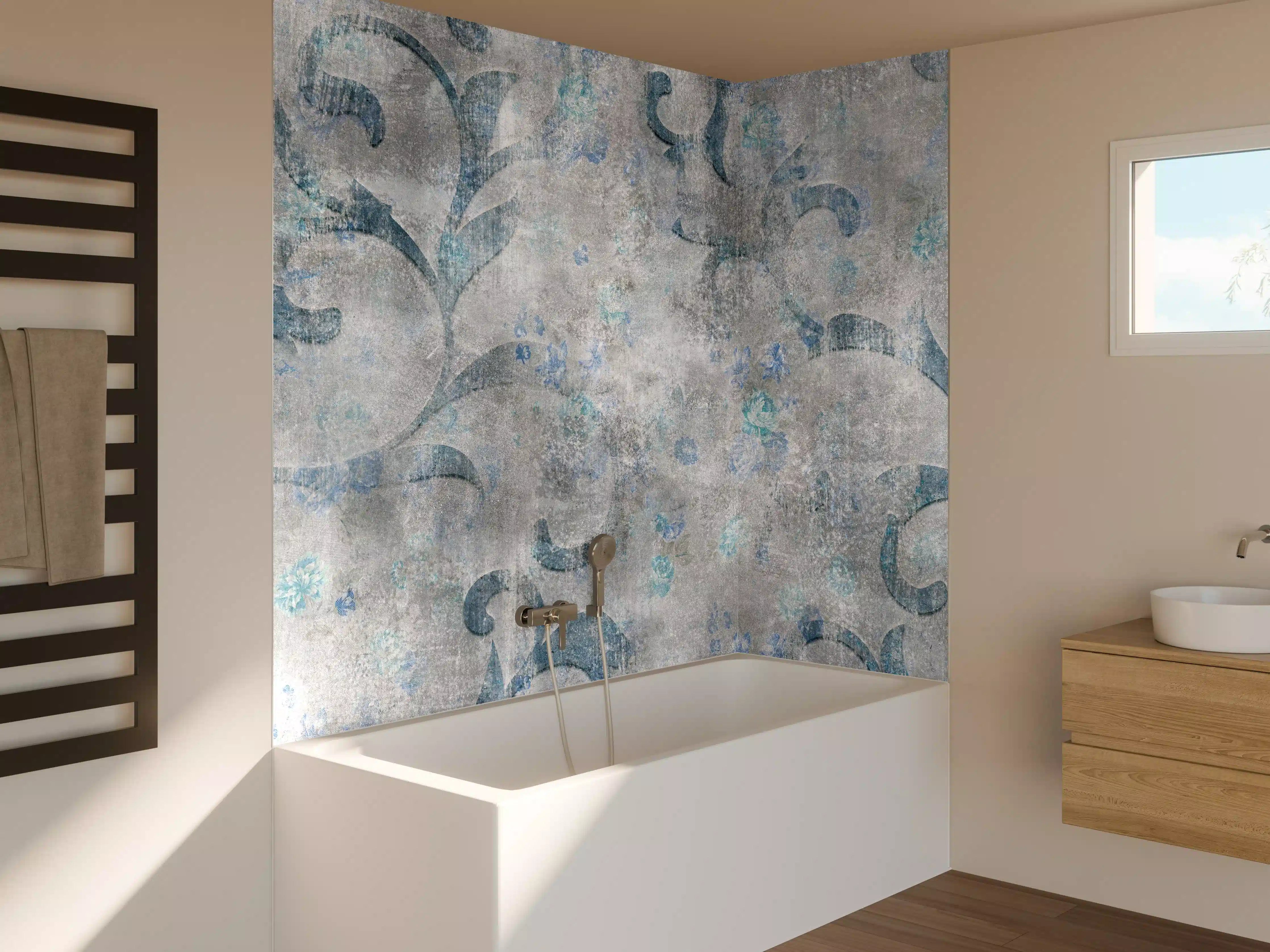 Badewannen-Rückwand - Blaues Blätter Muster - Zement