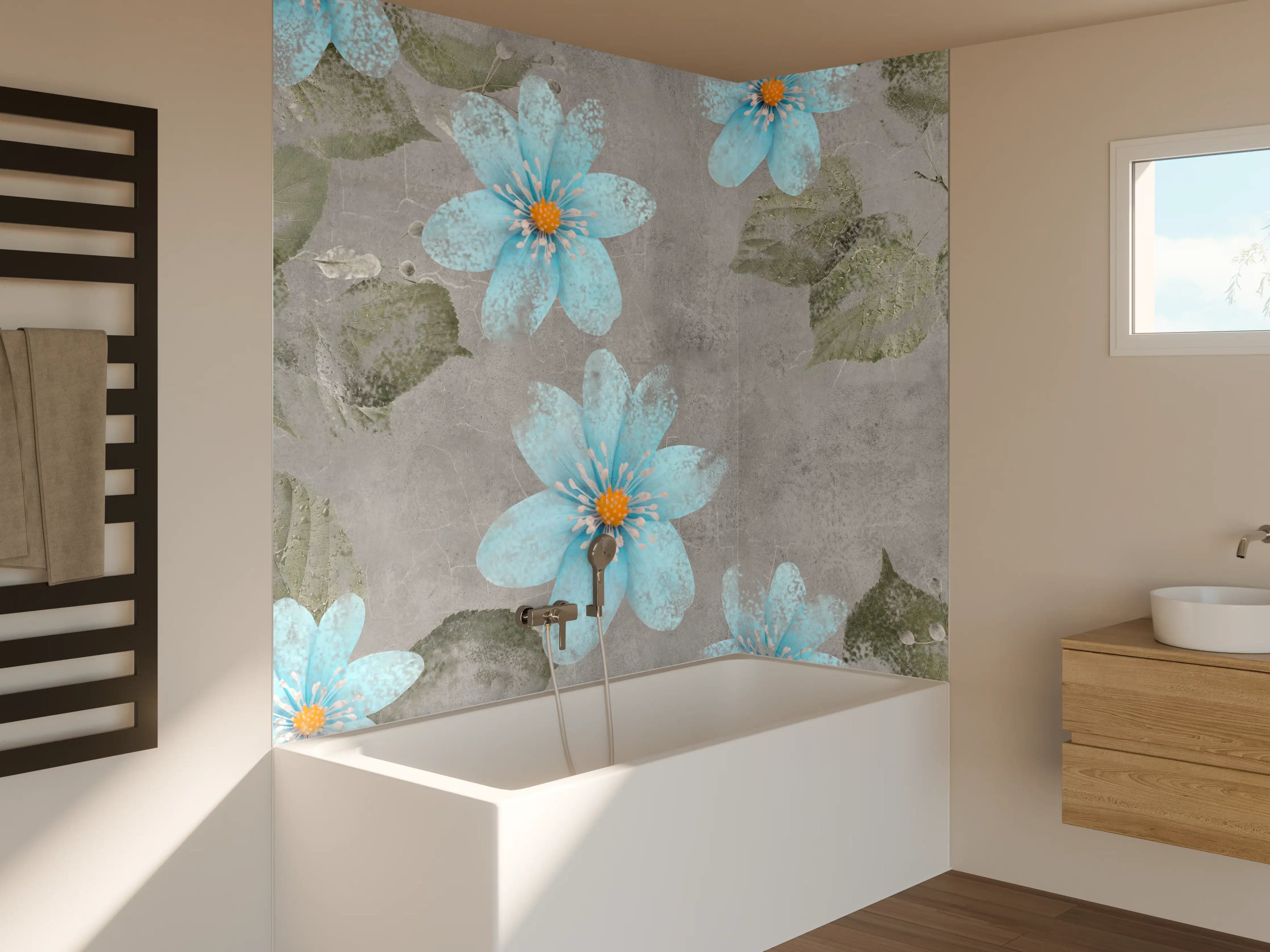 Badewannen-Rückwand - Blaues Blumenmuster - Zeichnung