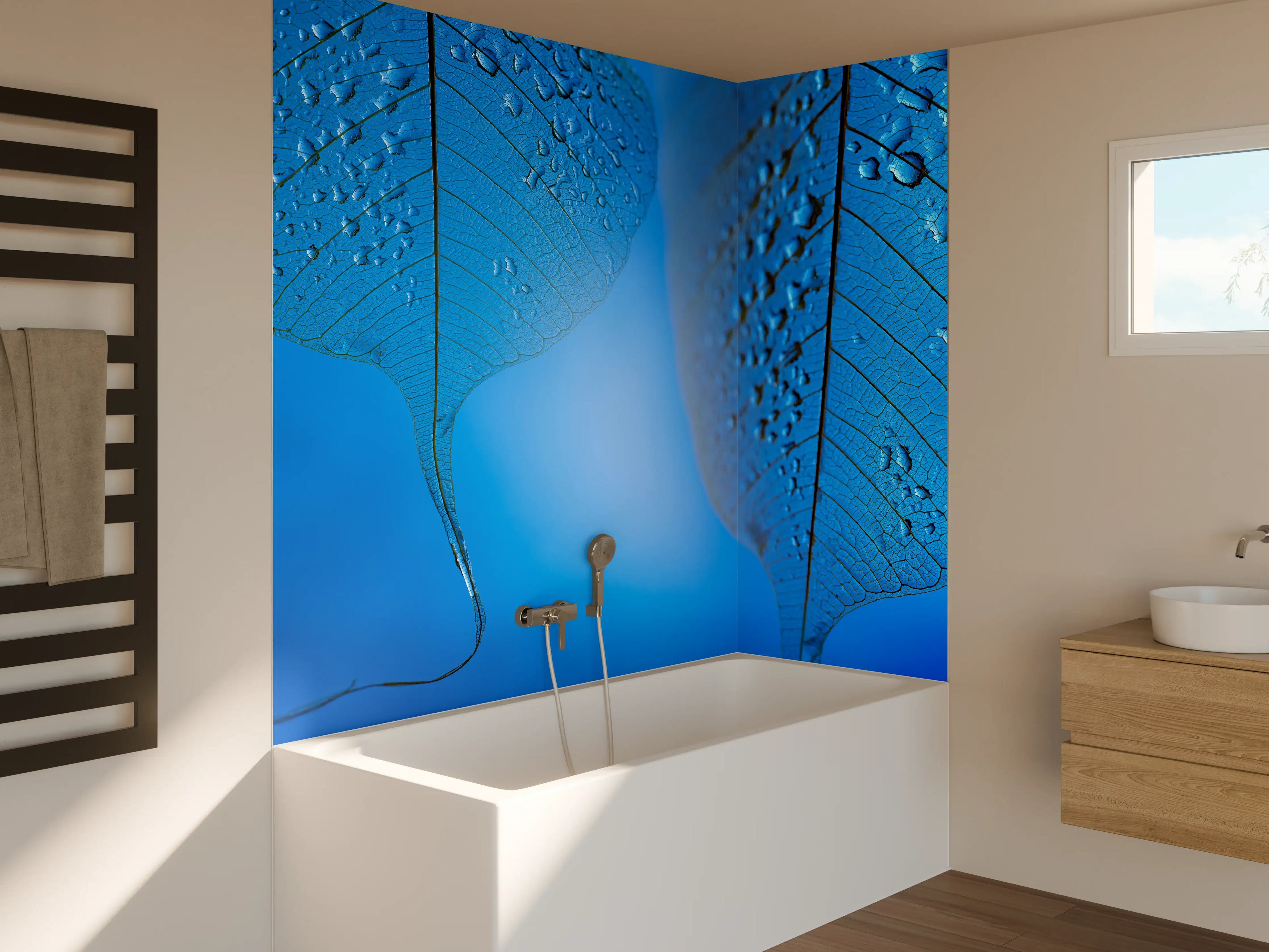 Badewannen-Rückwand - Blaues Tautropfen Blatt Makro