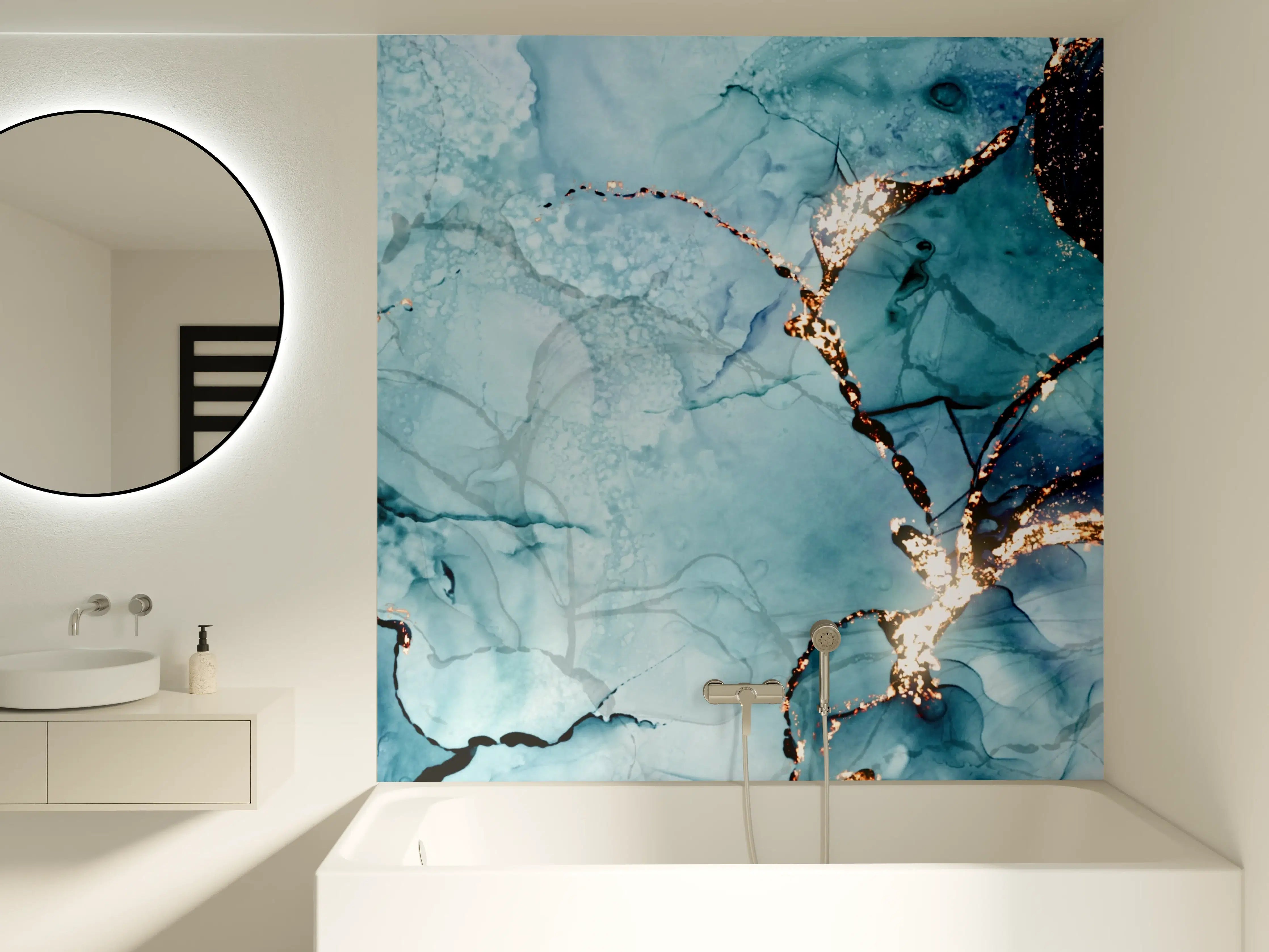 Badewannen-Rückwand - Blaues Wasserfarben-Muster mit Goldakzenten