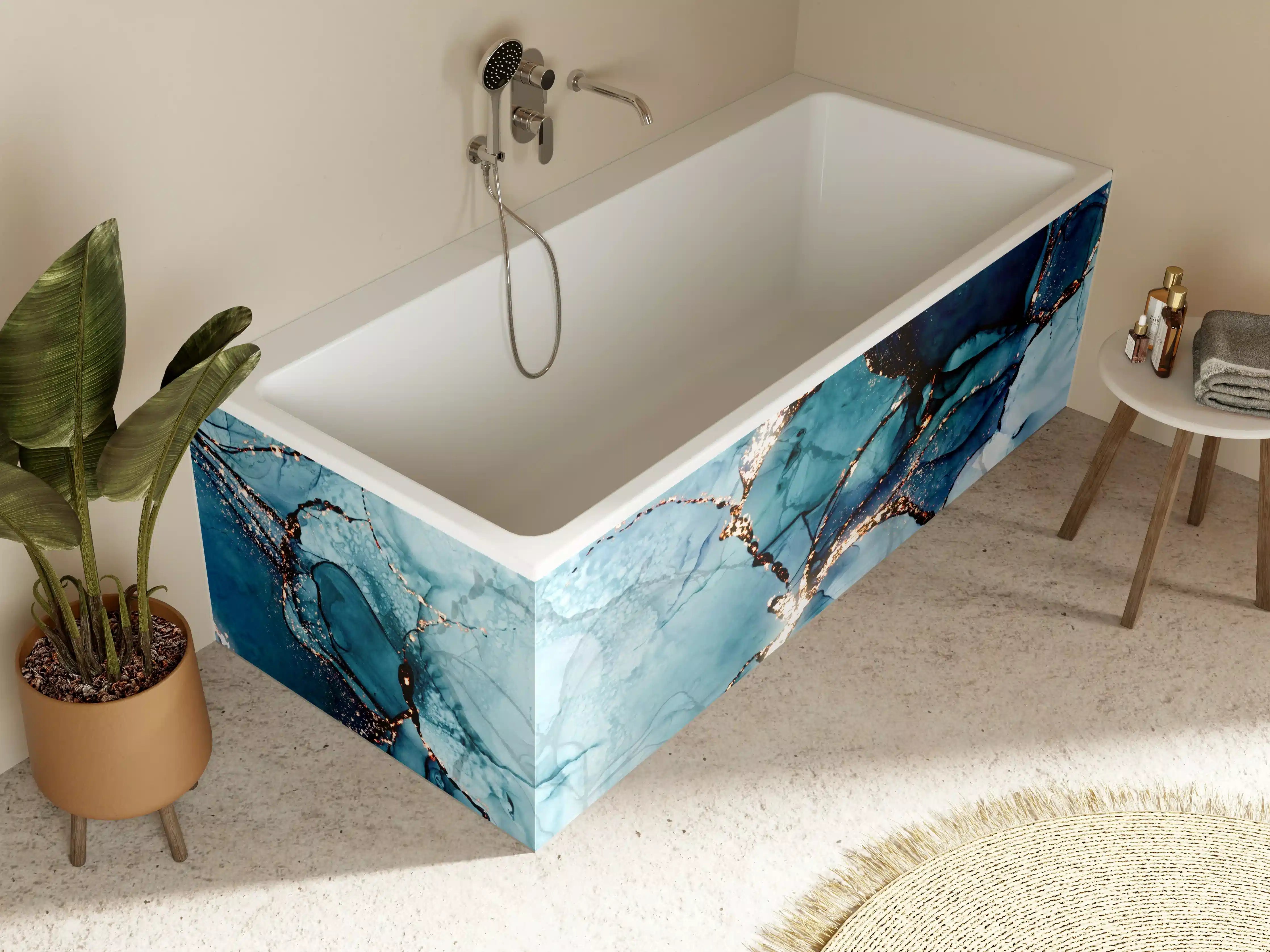 Badewannen-Rückwand - Blaues Wasserfarben-Muster mit Goldakzenten