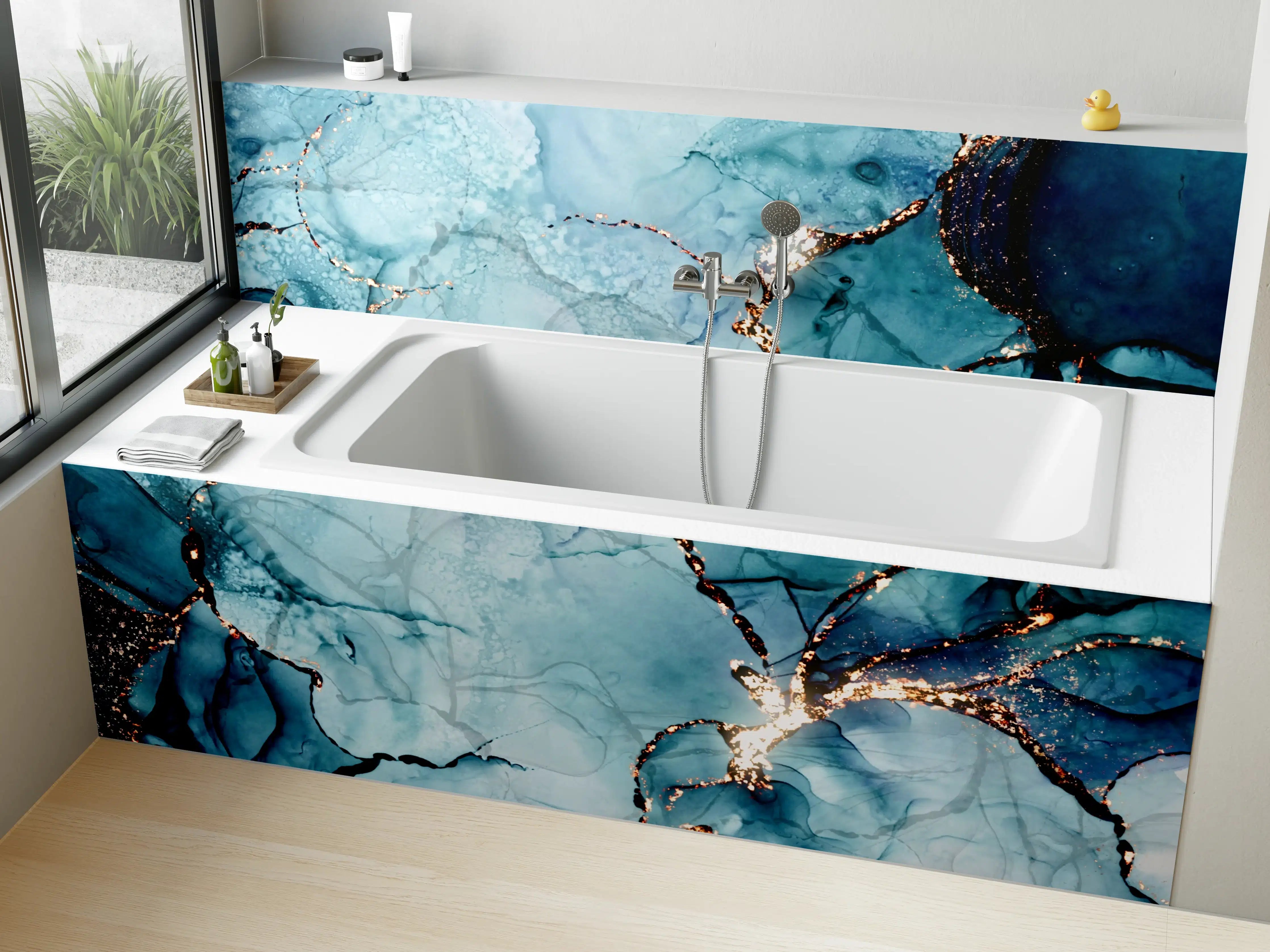 Badewannen-Rückwand - Blaues Wasserfarben-Muster mit Goldakzenten