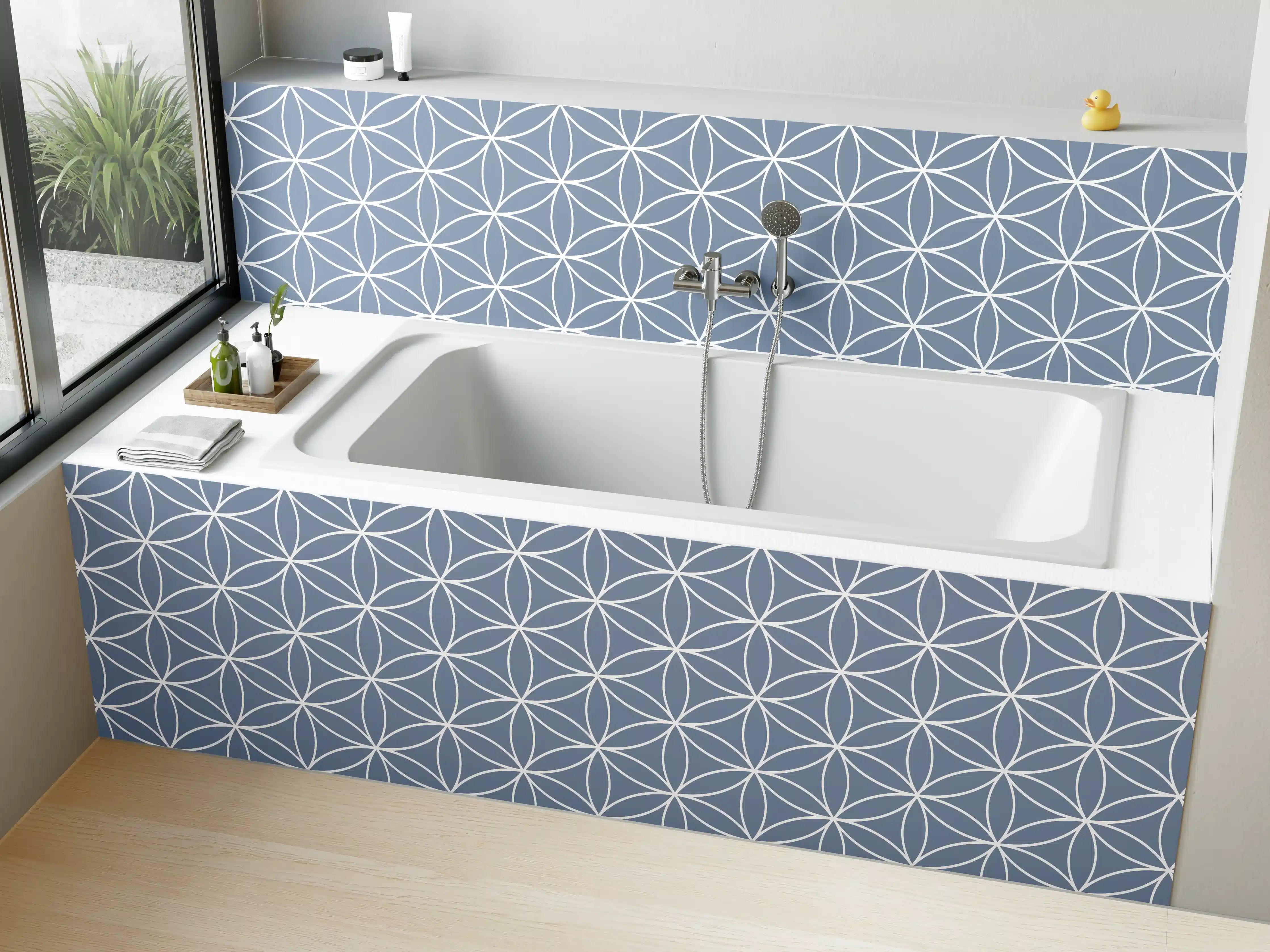Badewannen-Rückwand - Blaues geometrisches Muster mit weißen Linien