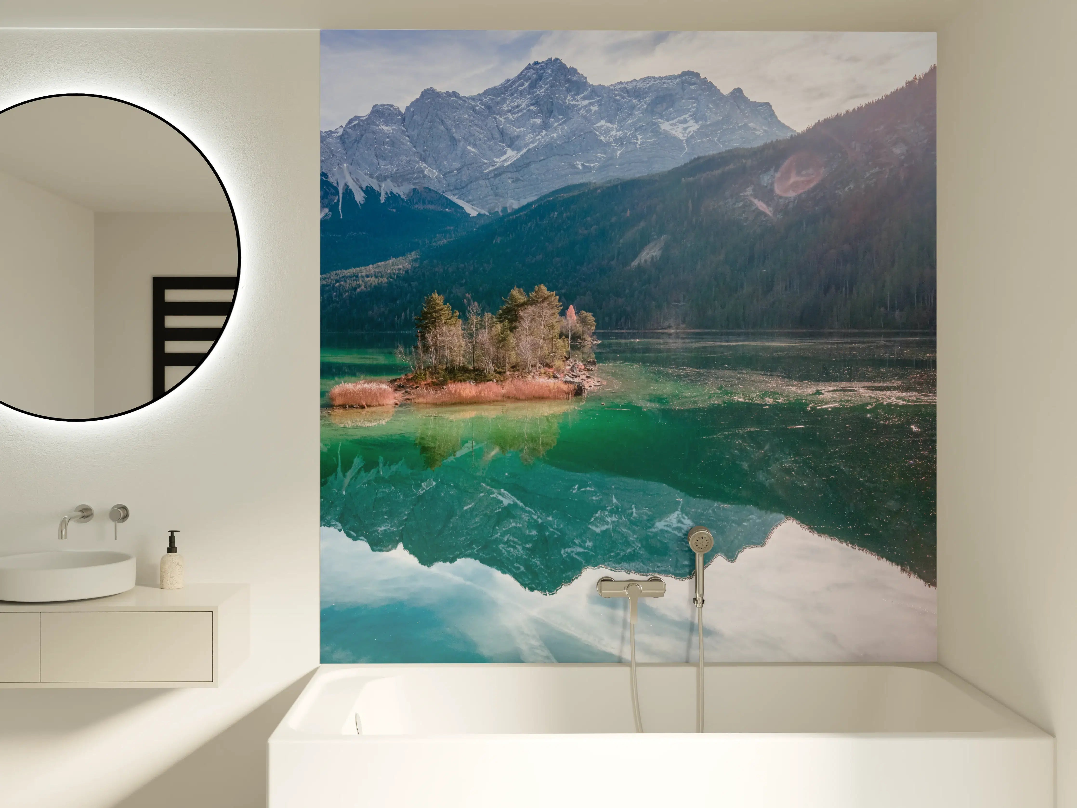 Badewannen-Rückwand - Blick auf den Eibsee mit der Zugspitze im Hintergrund