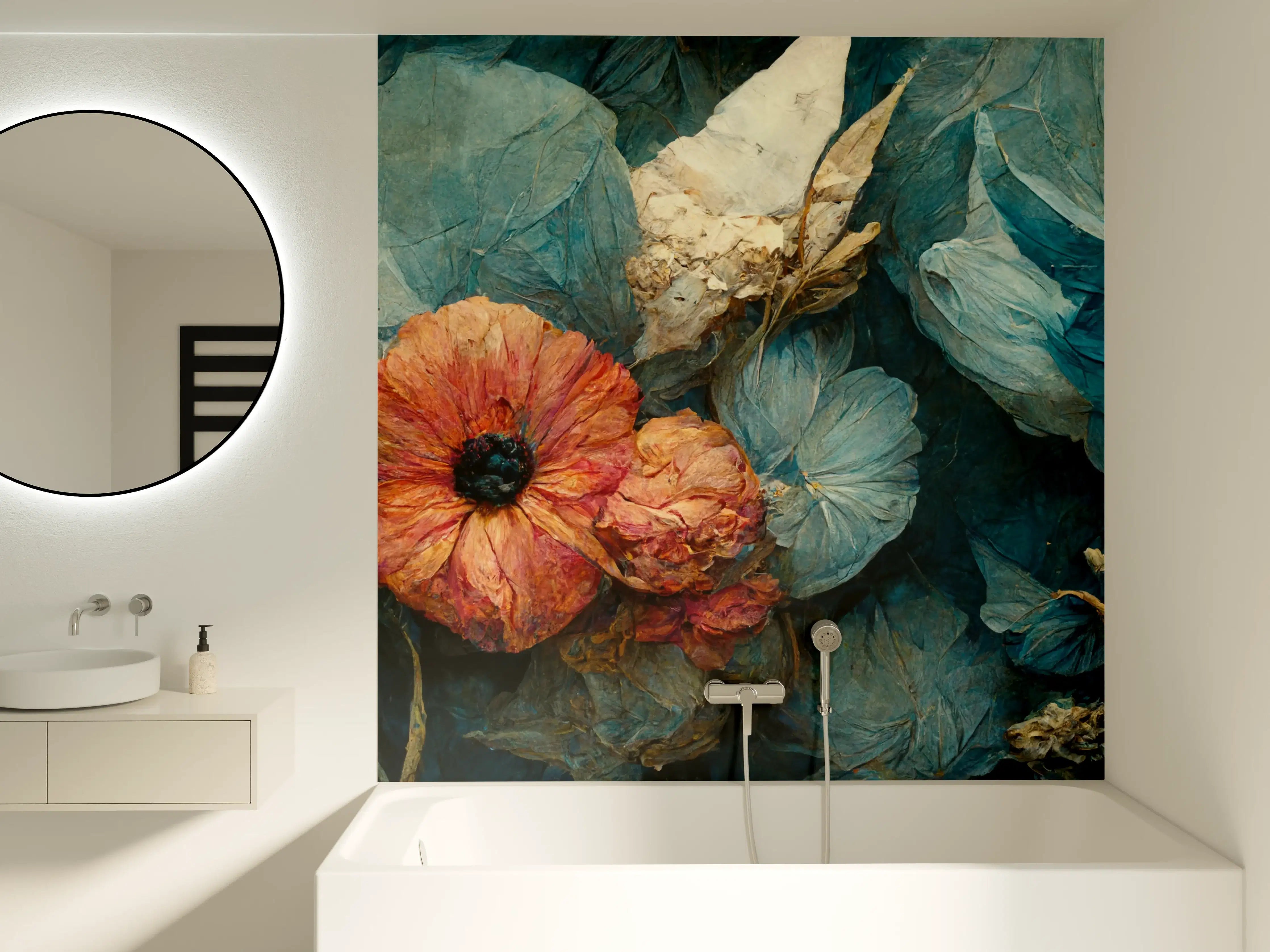 Badewannen-Rückwand - Blühende Pflanzen in Blau und Rot mit natürlicher Textur