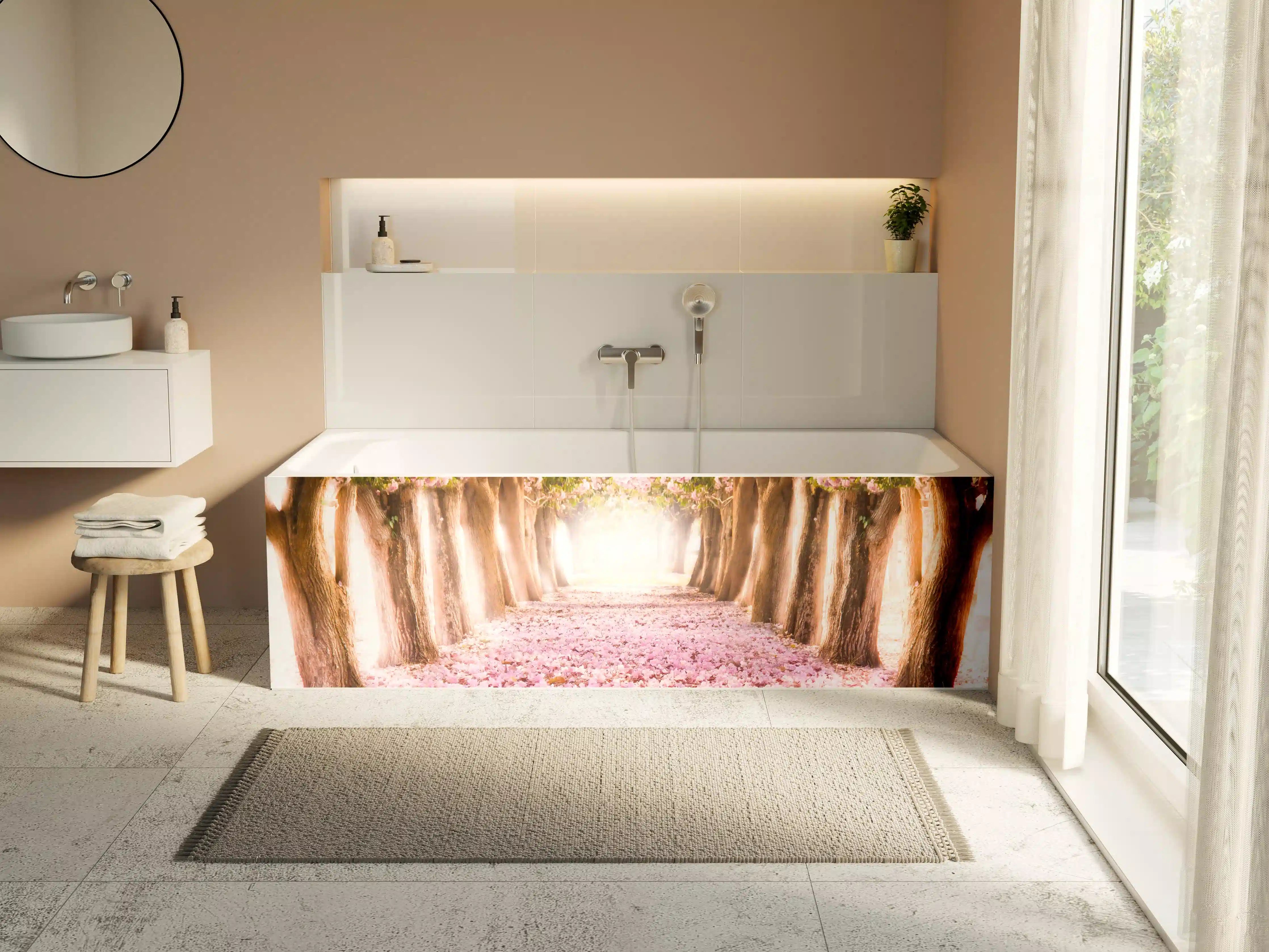 Badewannen-Rückwand - Blühender Baumallee im Frühling