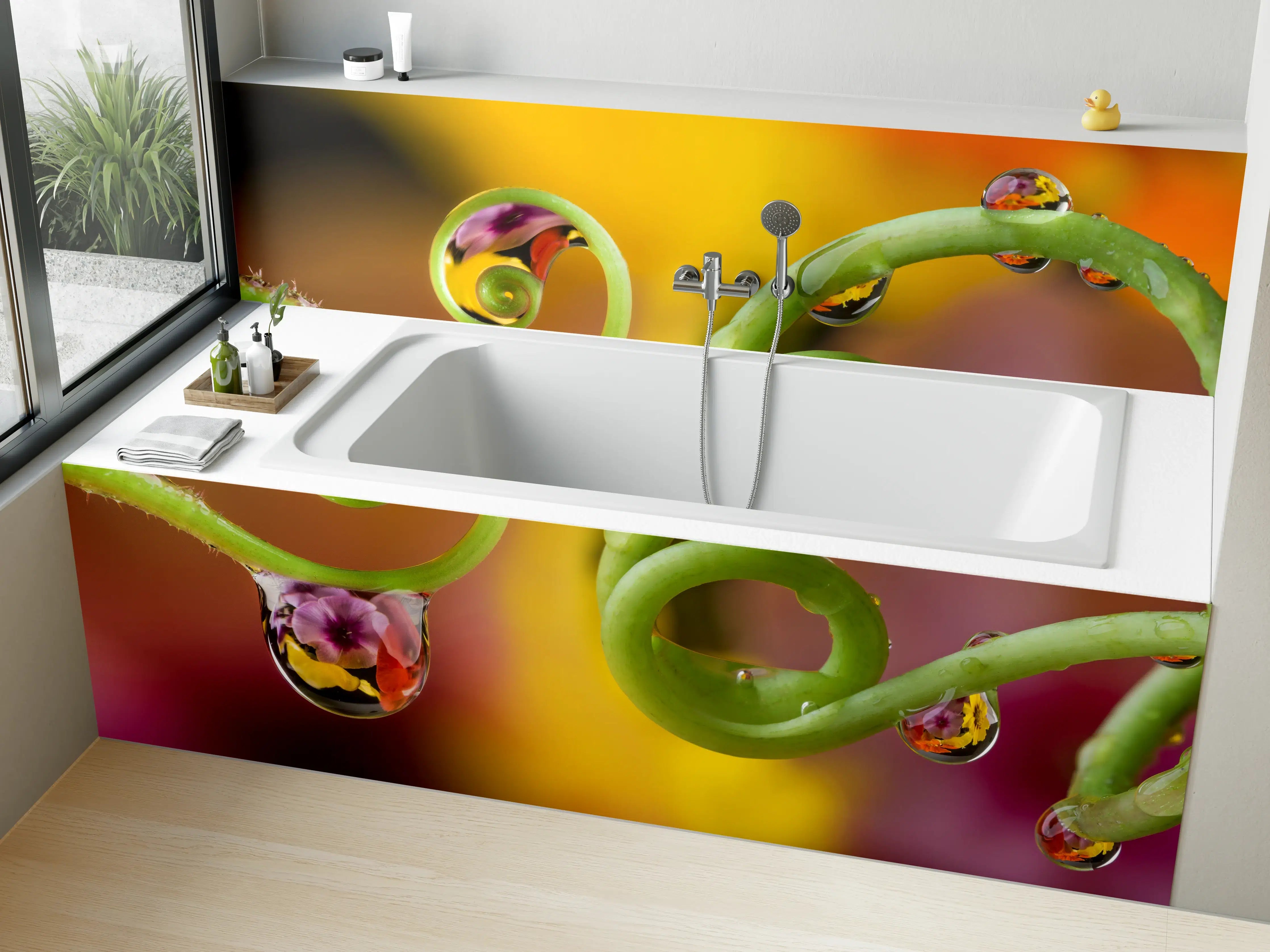 Badewannen-Rückwand - Blume mit abstrakten Tropfen