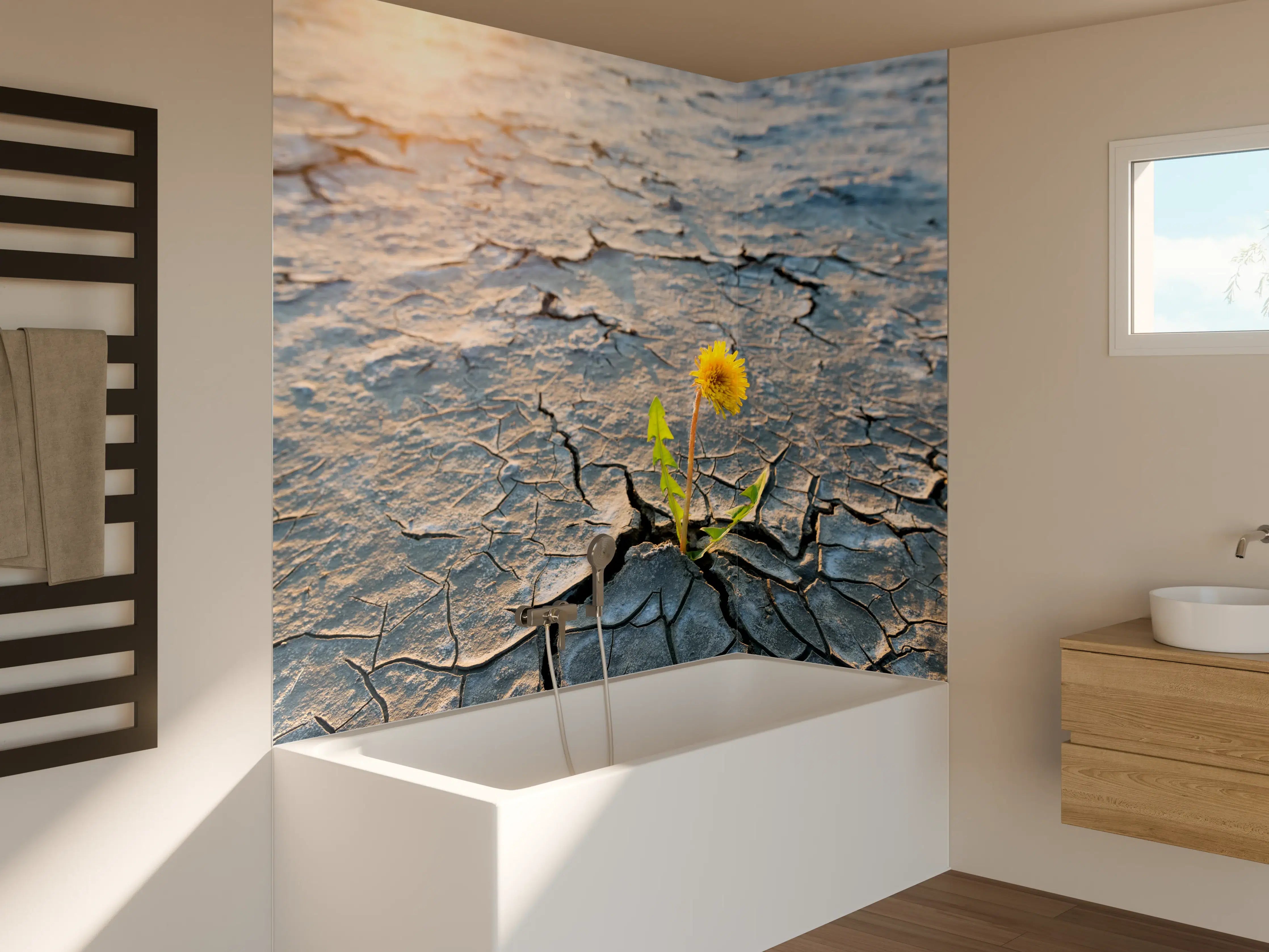 Badewannen-Rückwand - Blume wächst in trockener Wüste