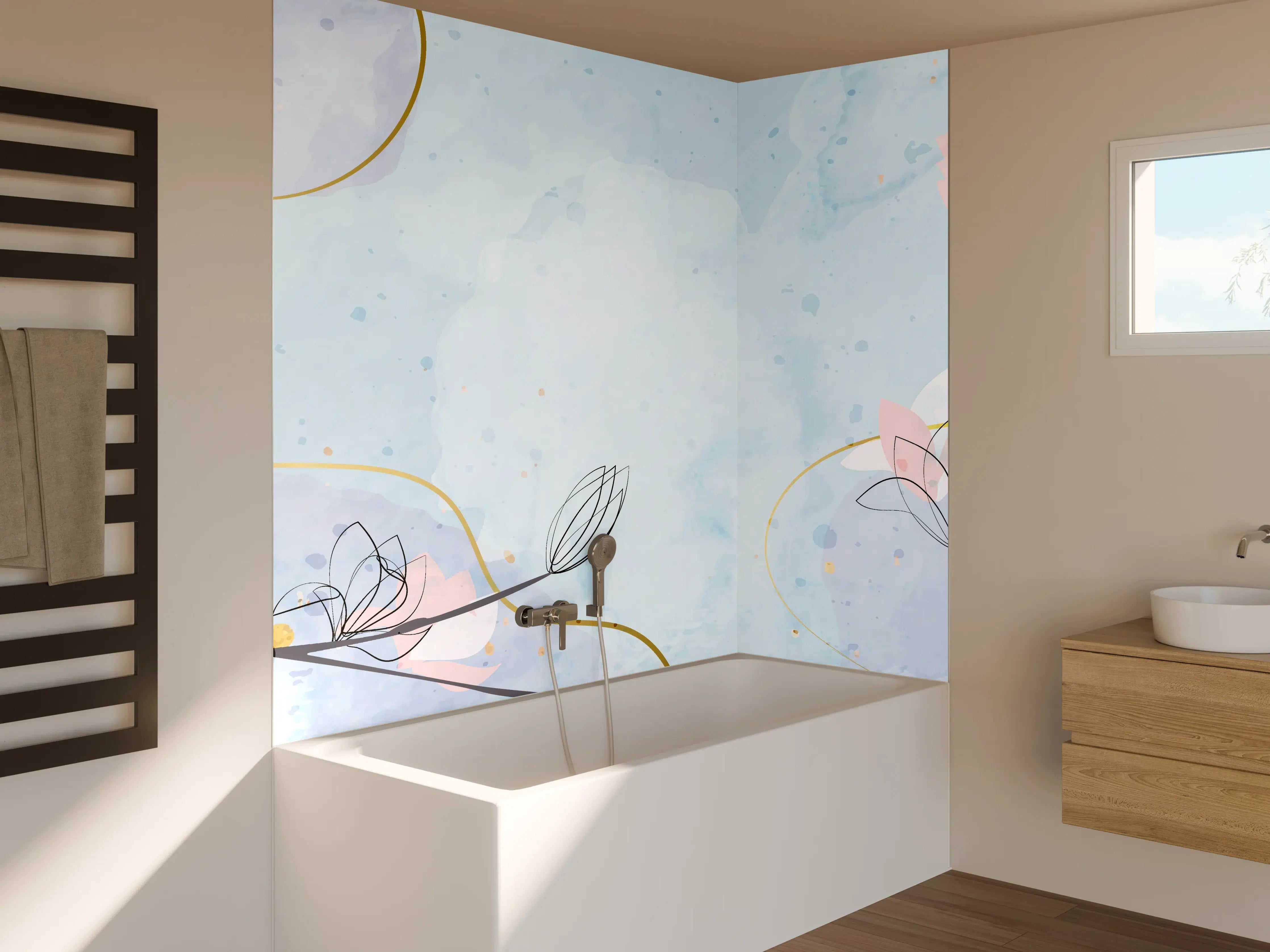 Badewannen-Rückwand - Blumen-Aquarell Pastellfarben