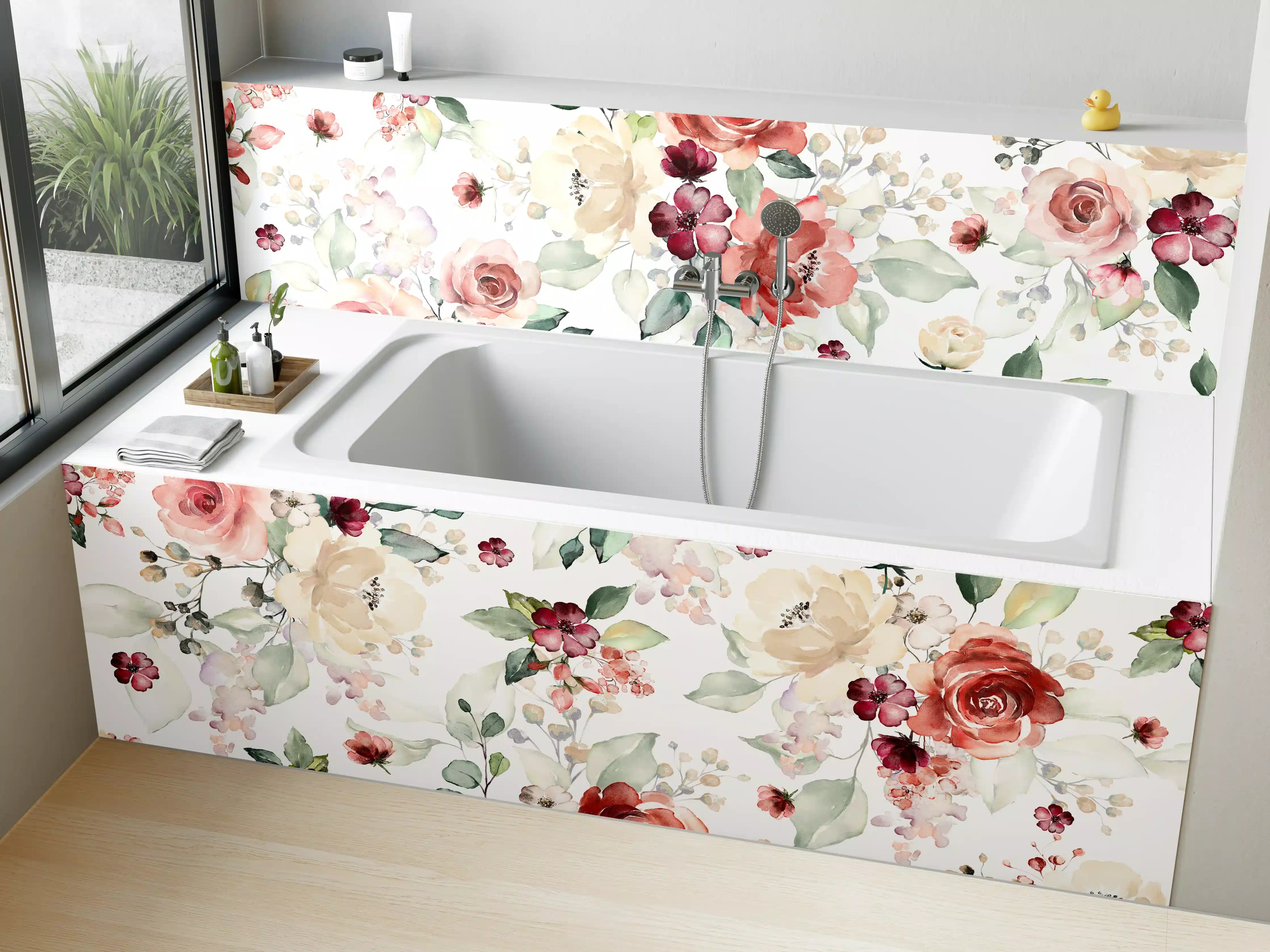 Badewannen-Rückwand - Blumen und Blätter im Tapeten-Stil